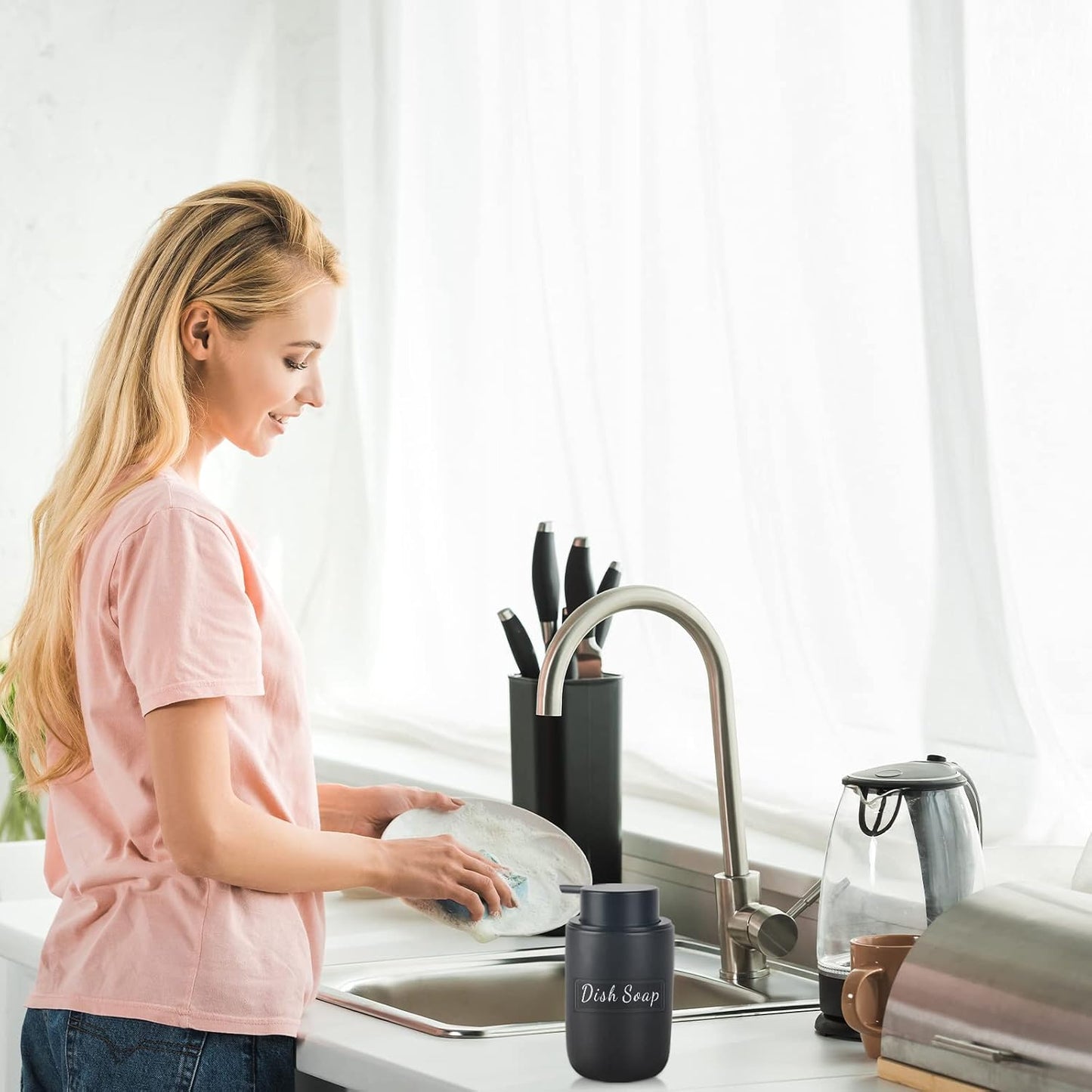 BosilunLife Black Soap Dispenser Set - 2 Pack 12oz Ceramic Soap Dispenser | with Rust Proof Pump for Kitchen, Hand Soap