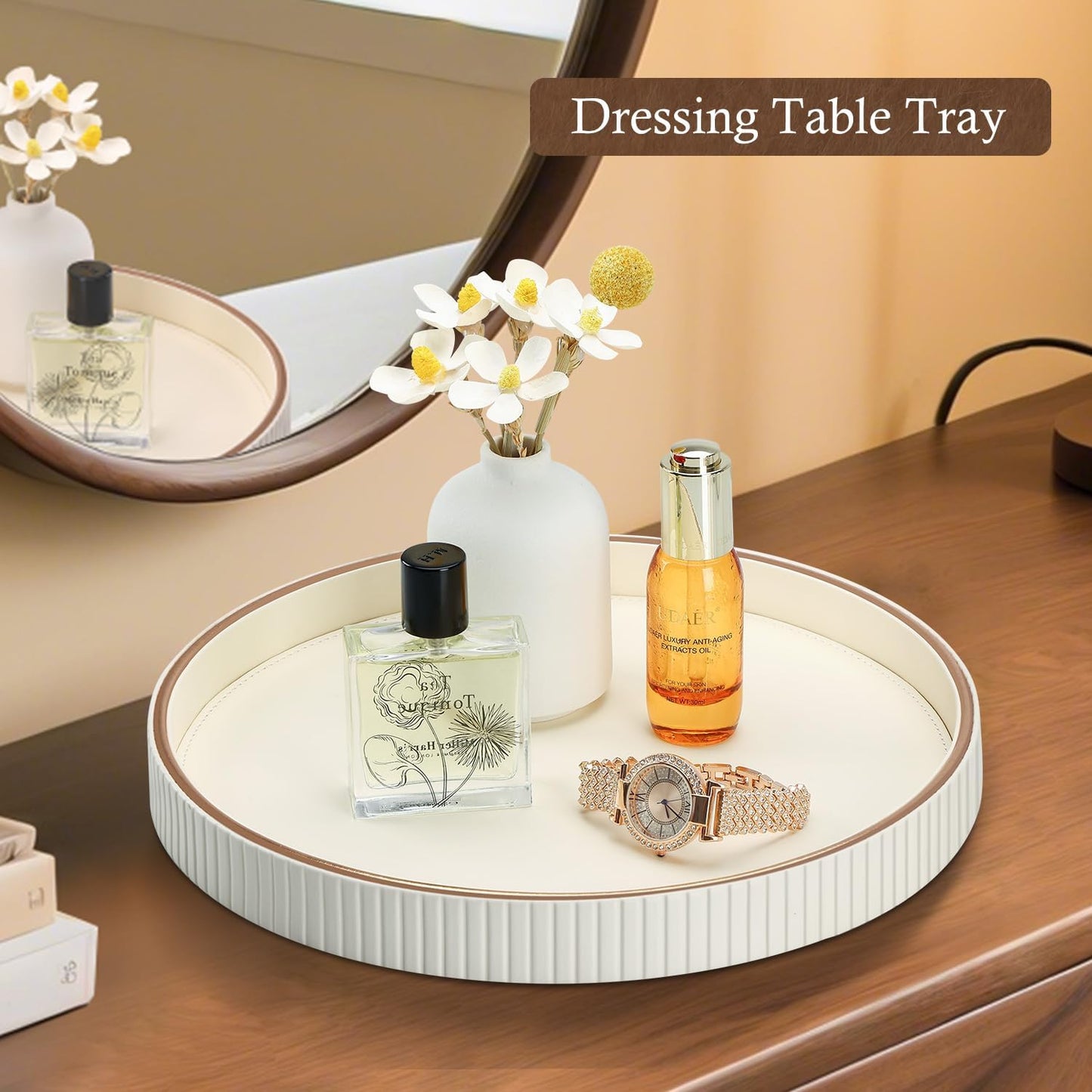 PU Leather Compact Table Tray / Cream White