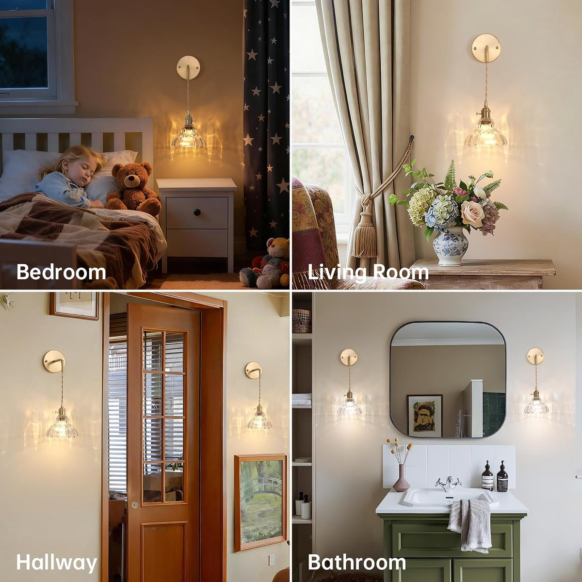 Shenmoyl Vintage Battery Operated wall sconces Set of 2, Wall Lamps with Clear Lily of the Shade Pattern Glass