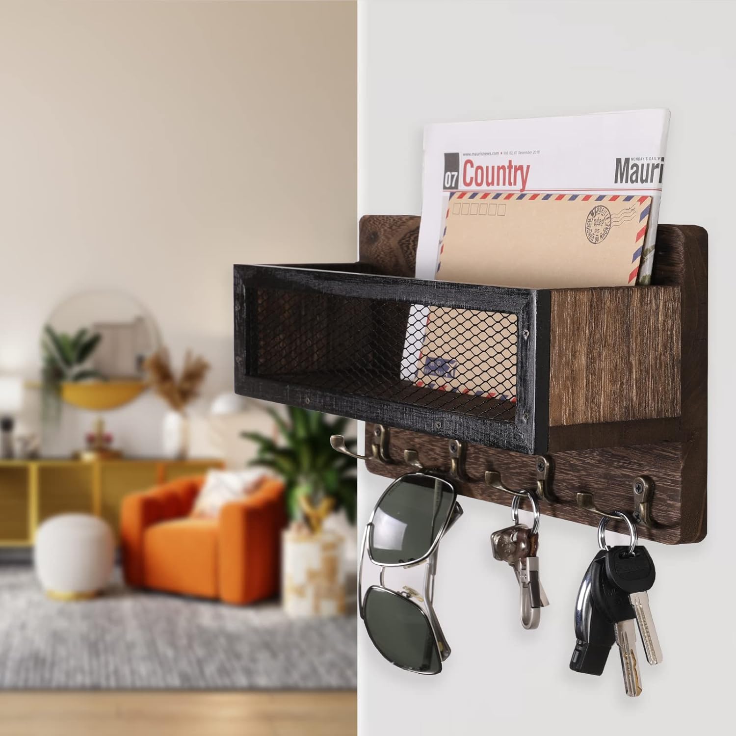 Wooden Wall Mount Key Rack Hanger Organizer / Brown