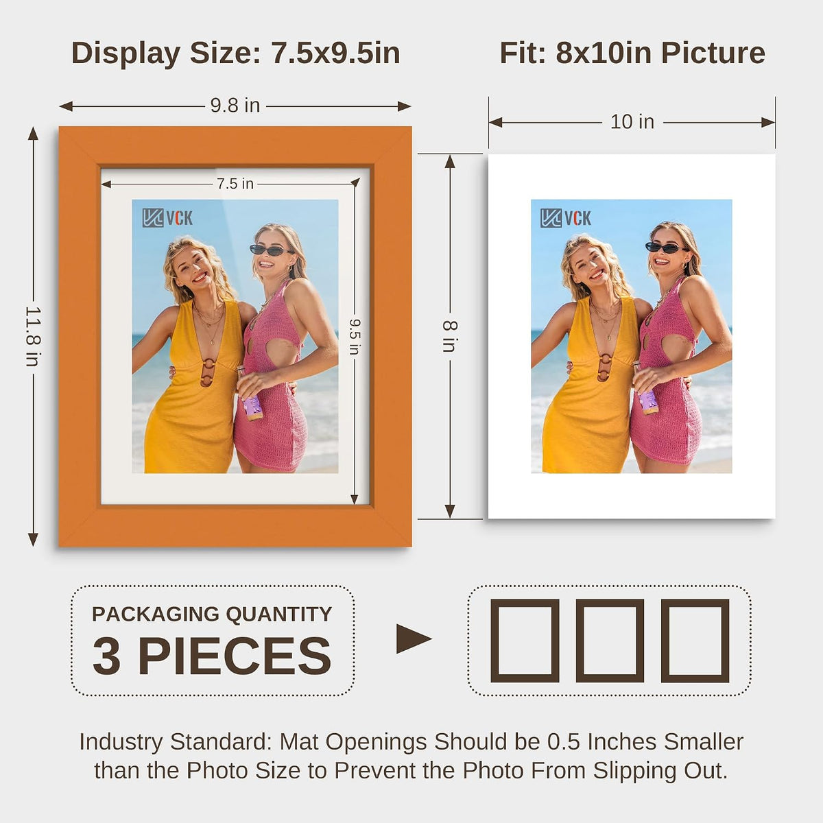 VCK 8x10 Picture Frame Set of 3 - Orange, Wide Border Solid Wood Frame, Display Pictures in Horizontal and Vertical