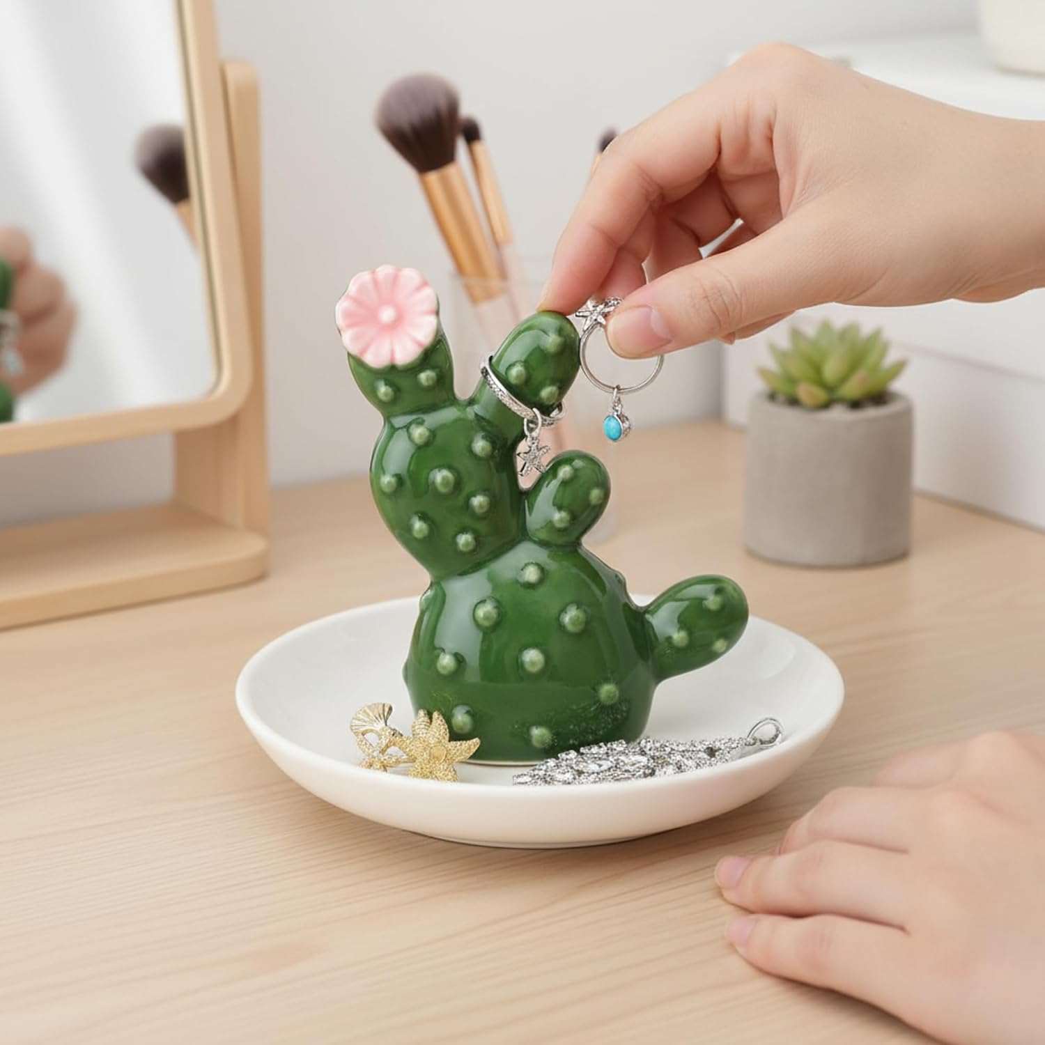 Cactus Ring Holder Ceramic Dish for Women Jewelry Tray Ring Dish Tropical Decor Trinket Rack Western
