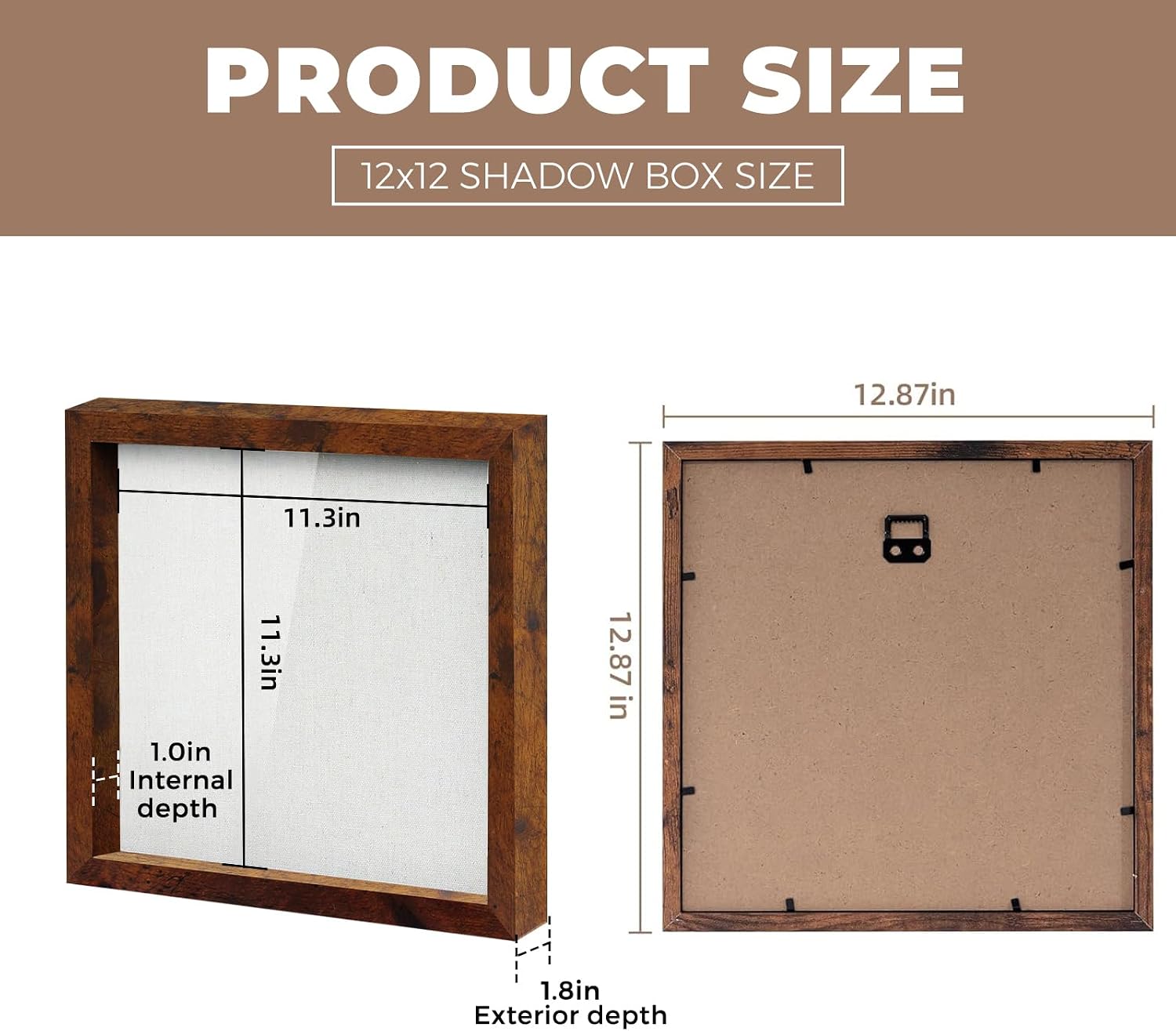 Muzilife 12x12 Shadow Box Wood Picture Frame, Tempered Glass, Honey Brown | FSC-Certified MDF | Soft Acid-free Linen