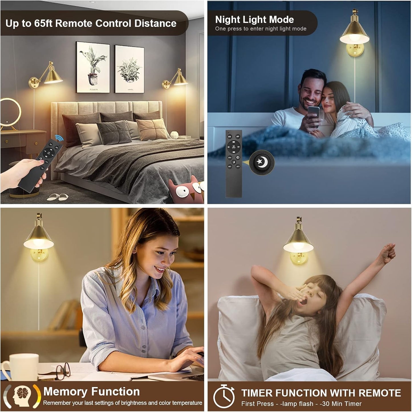 TRLIFE Dimmable Wall Sconce with Remote Control, Brushed Brass Plug in Wall Sconces Adjustable Color Temperature
