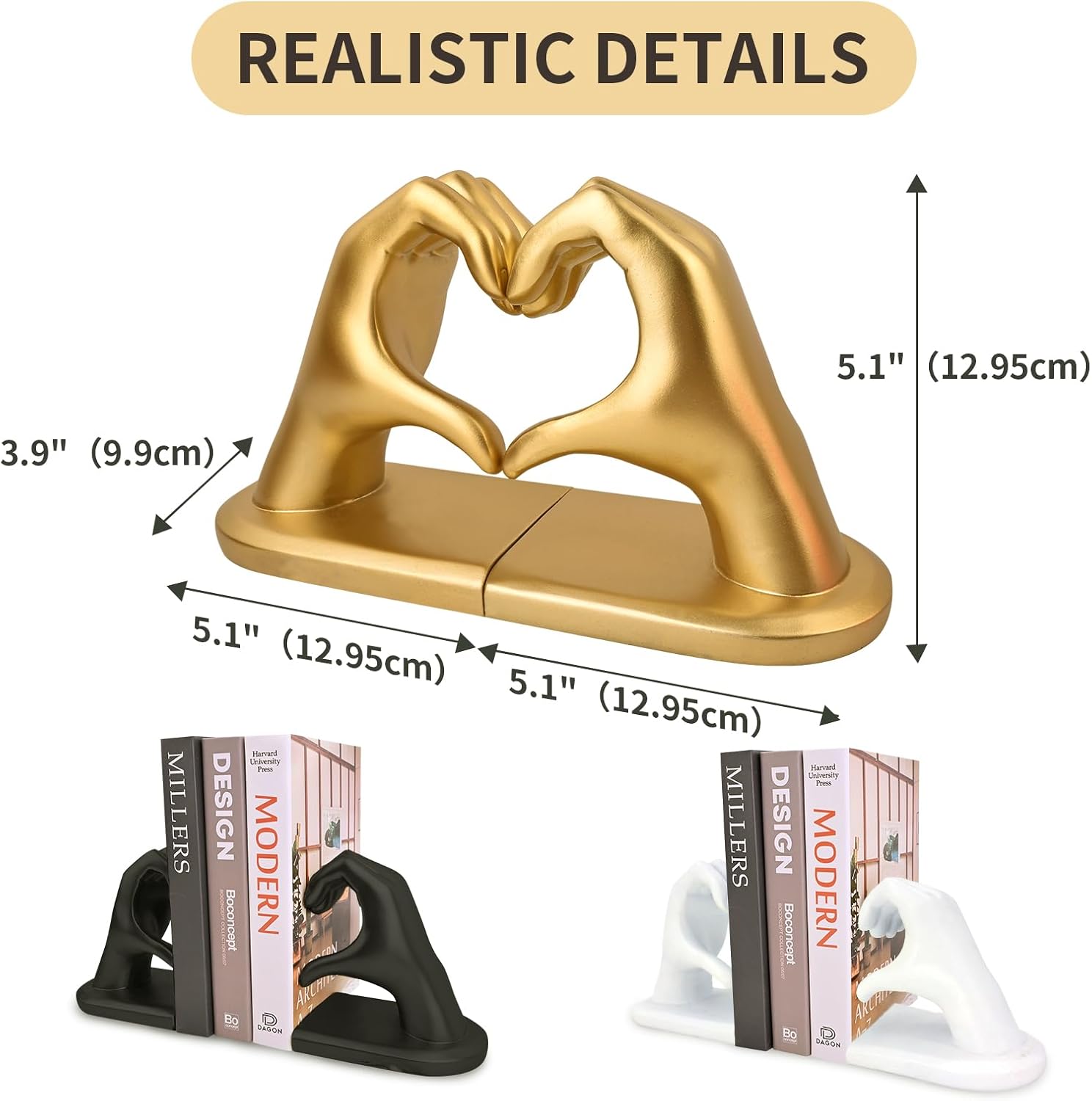 Decorative Bookends / Heart Hands Book Ends Sculpture Aesthetic Decor / Gold