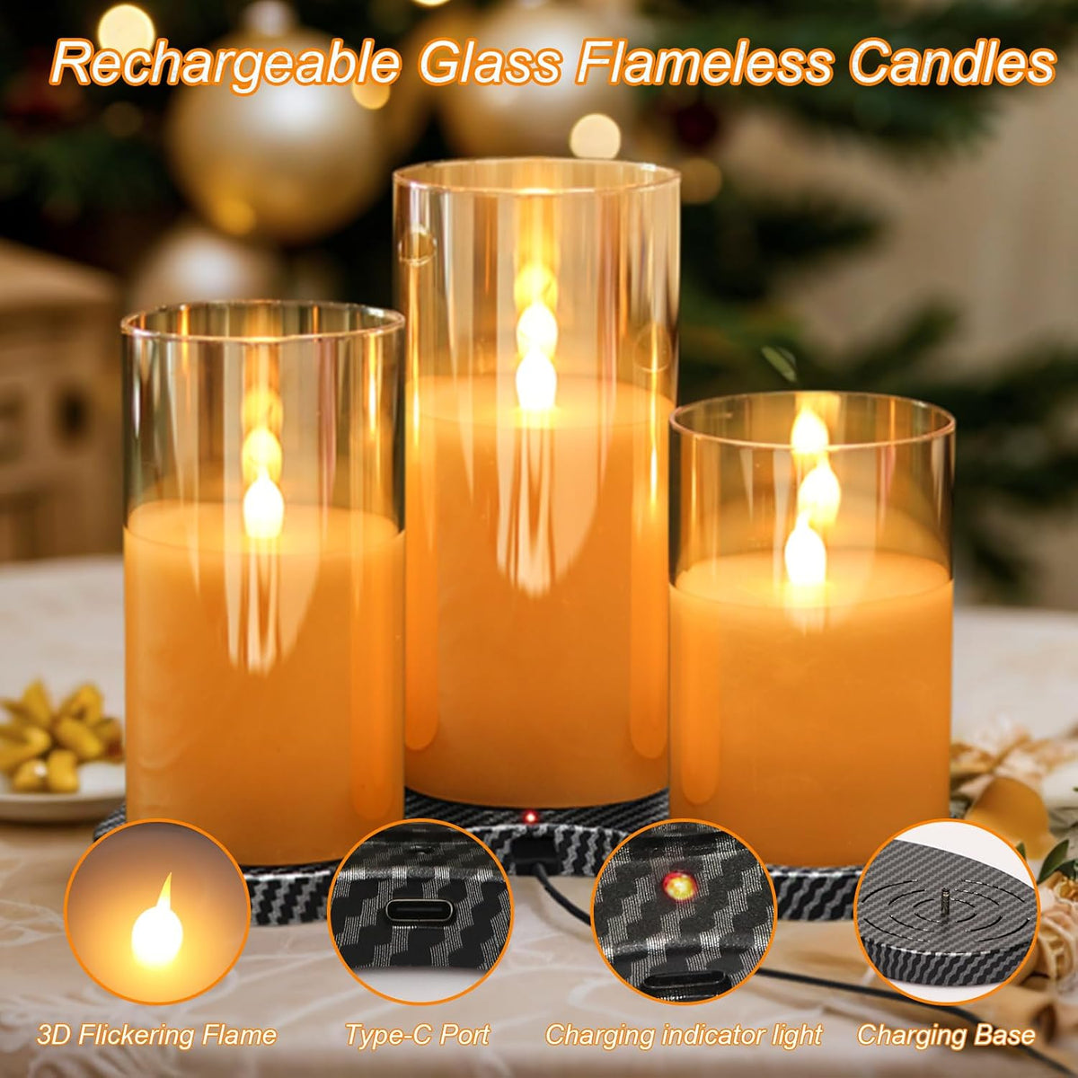 GenSwin Glass Rechargeable Flameless Candles with Remote & Charging Base | Gold, Timer, Battery Operated LED Candles