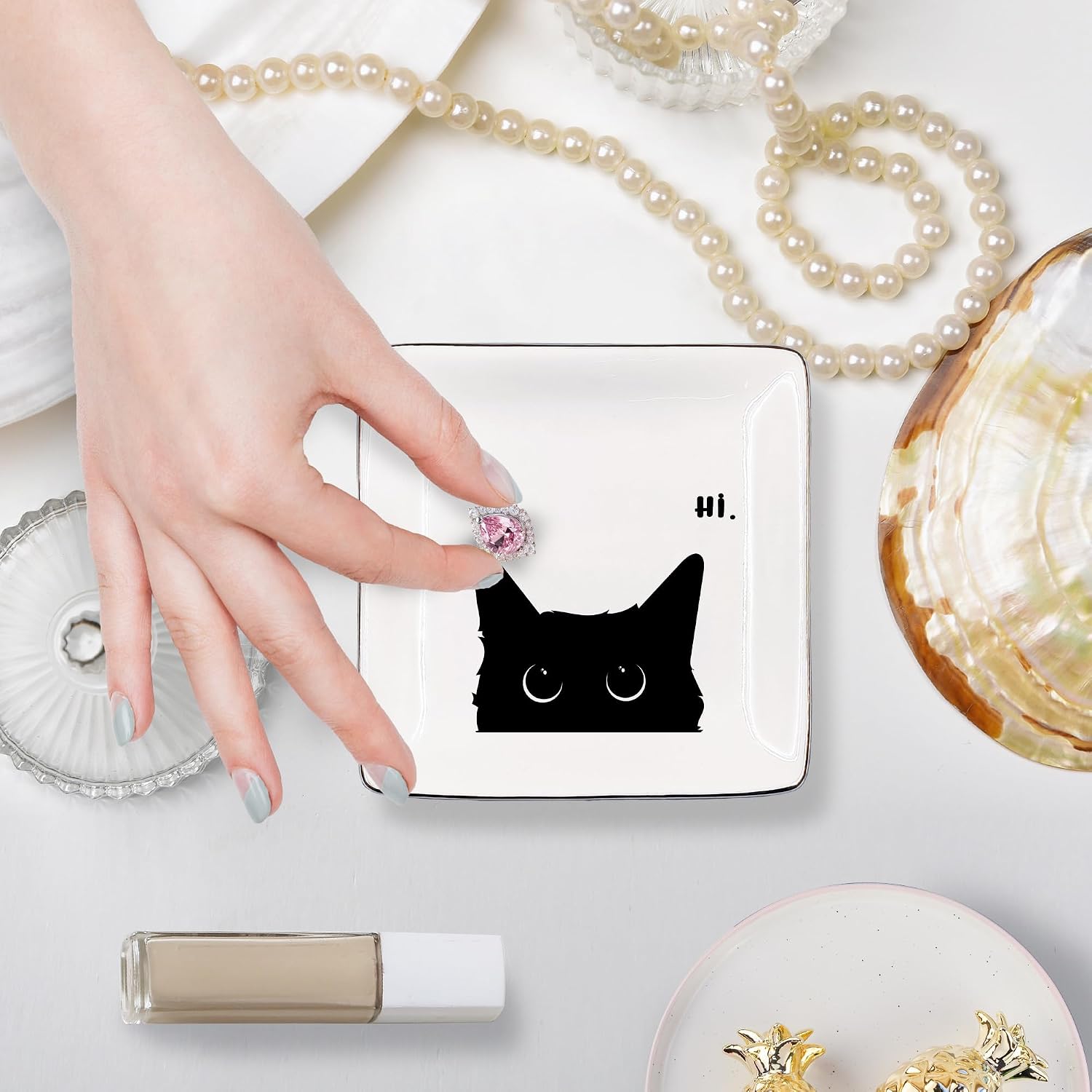 Ceramic Jewelry Tray for Rings & Earring / Hi Cat / Black
