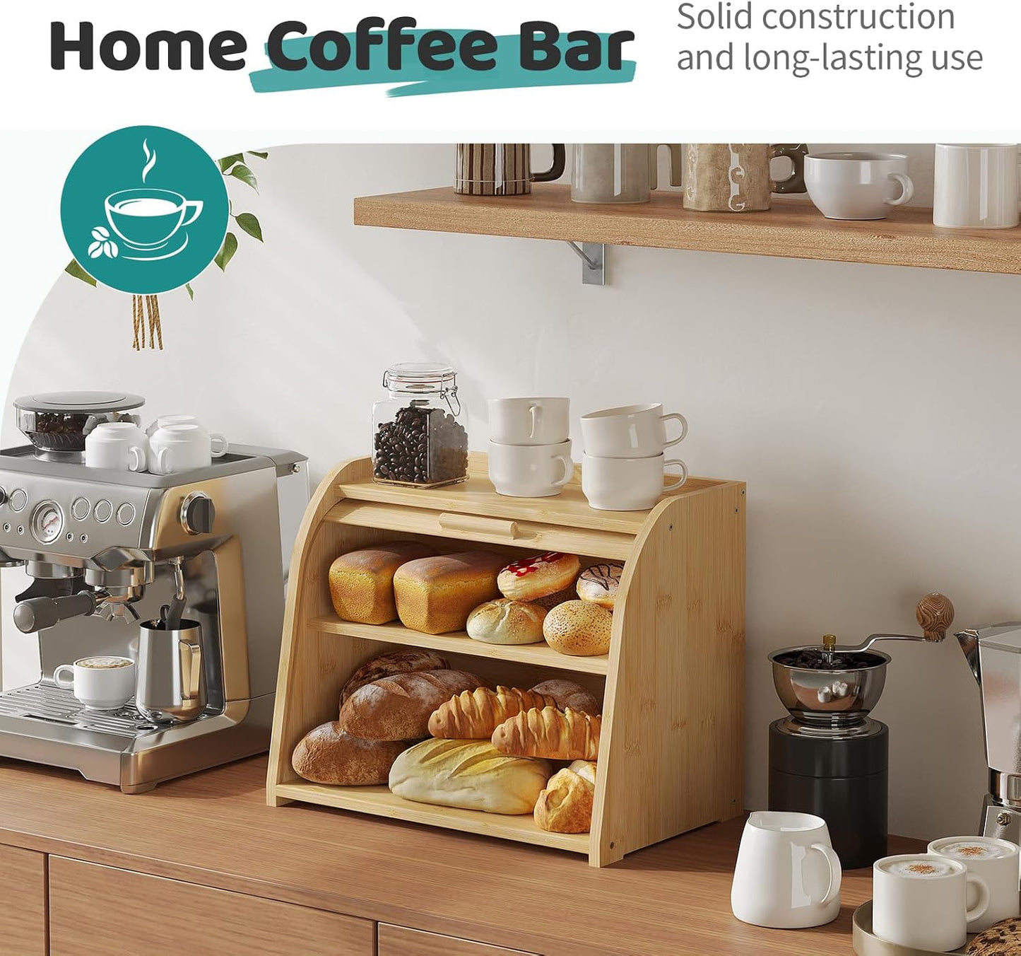 Roll Top Bread Box for Kitchen Countertop, 2-Tier Large Bamboo Wood Bread Box, Wooden Corner Bread Storage Capacity