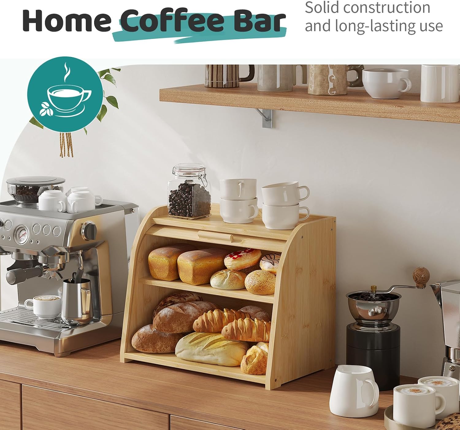Roll Top Bread Box for Kitchen Countertop, 2-Tier Large Bamboo Wood Bread Box, Wooden Corner Bread Storage Capacity