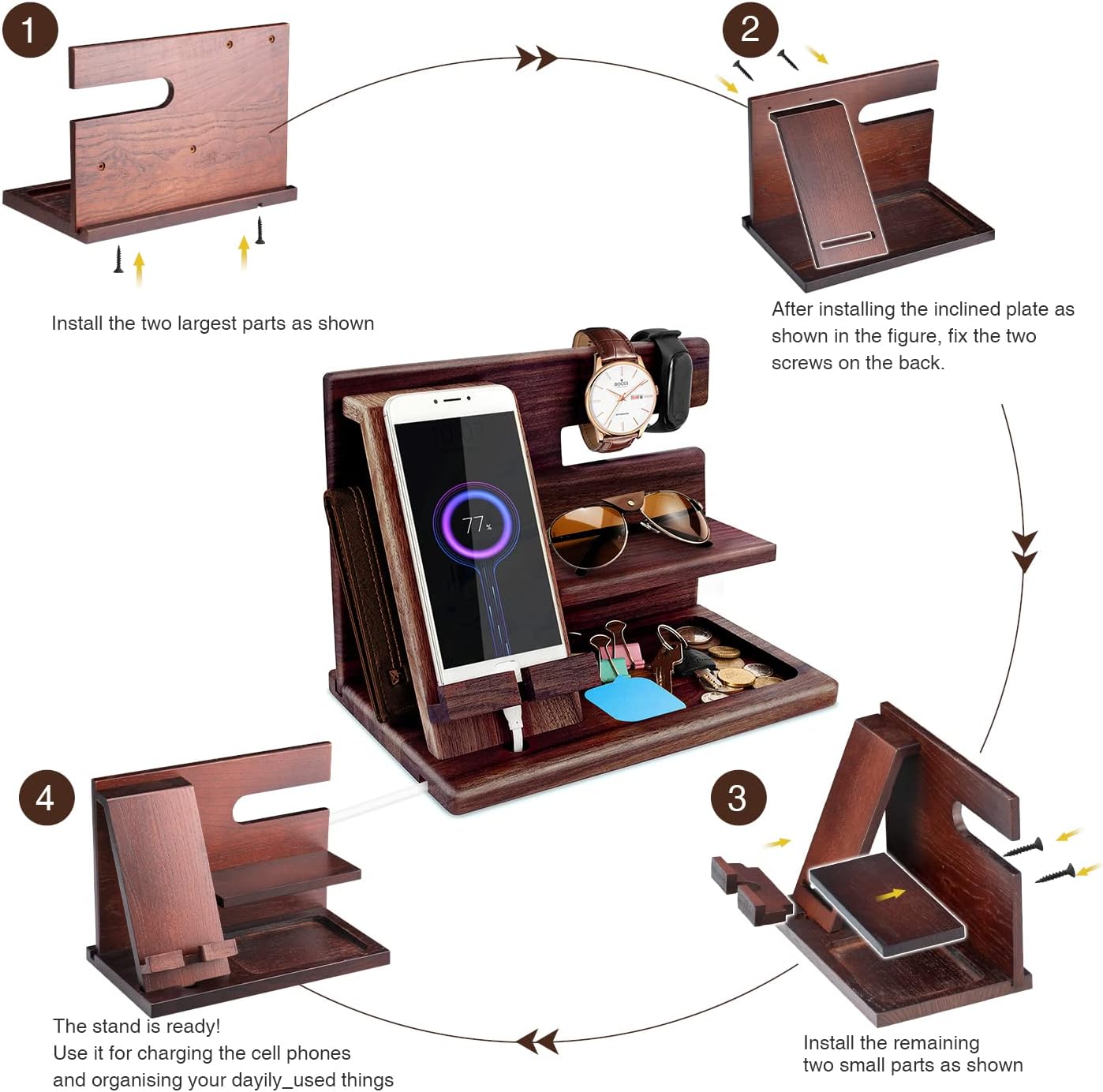 Gifts for Men Bedside Organiser Wood Phone Docking Station Dad Birthday Gifts for Him Nightstand Key Wallet Watch Stand