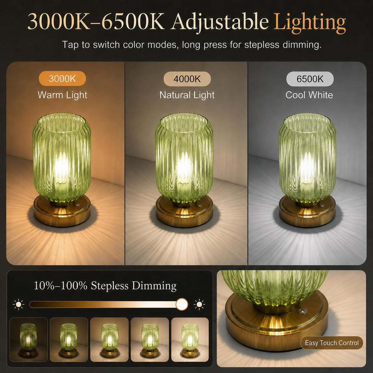 Cordless Glass Table Lamp, 3 Color Modes & Stepless Dimming, Green | 7500mAh Rechargeable Battery Powered LED Desk