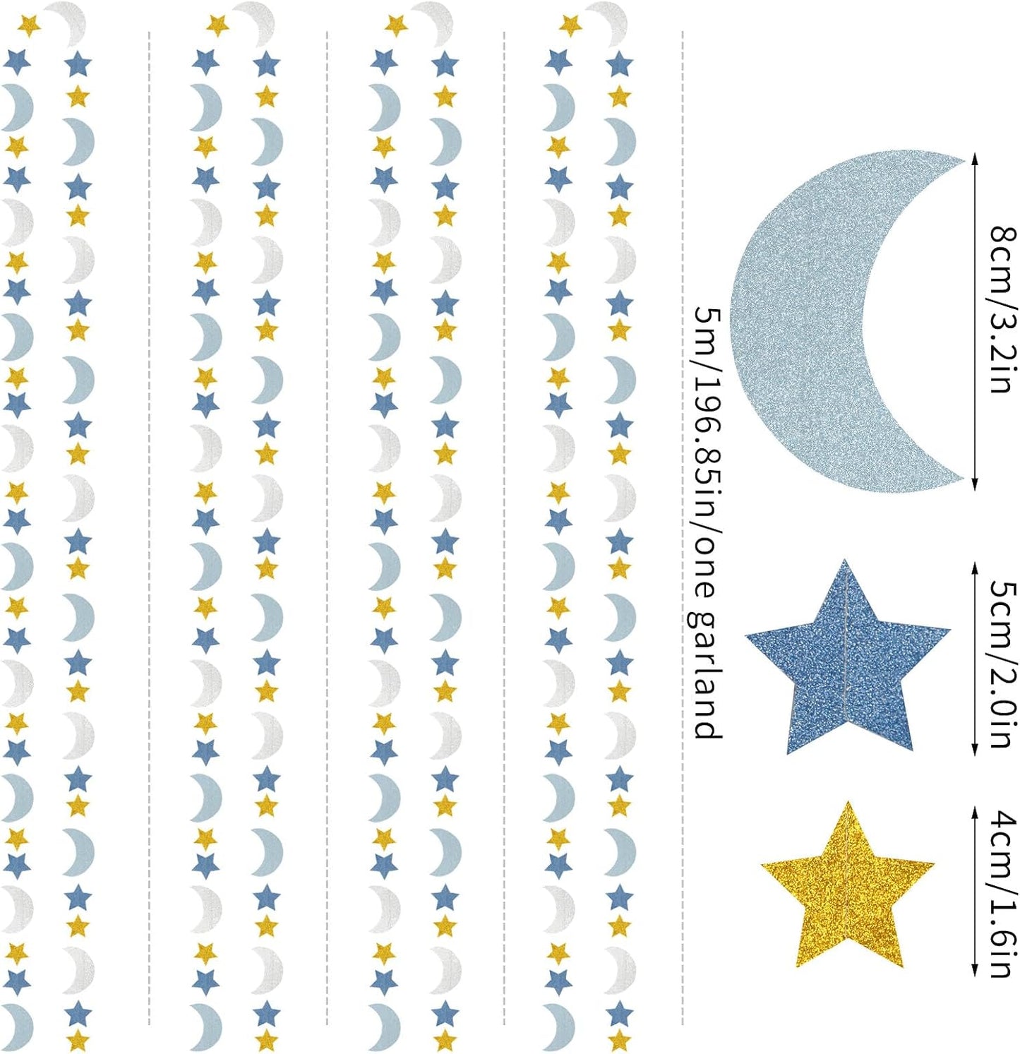 Blue-Gold Silver Party-Decorations Moon-Star Garland / Gold Silver Blue / 62 Inch