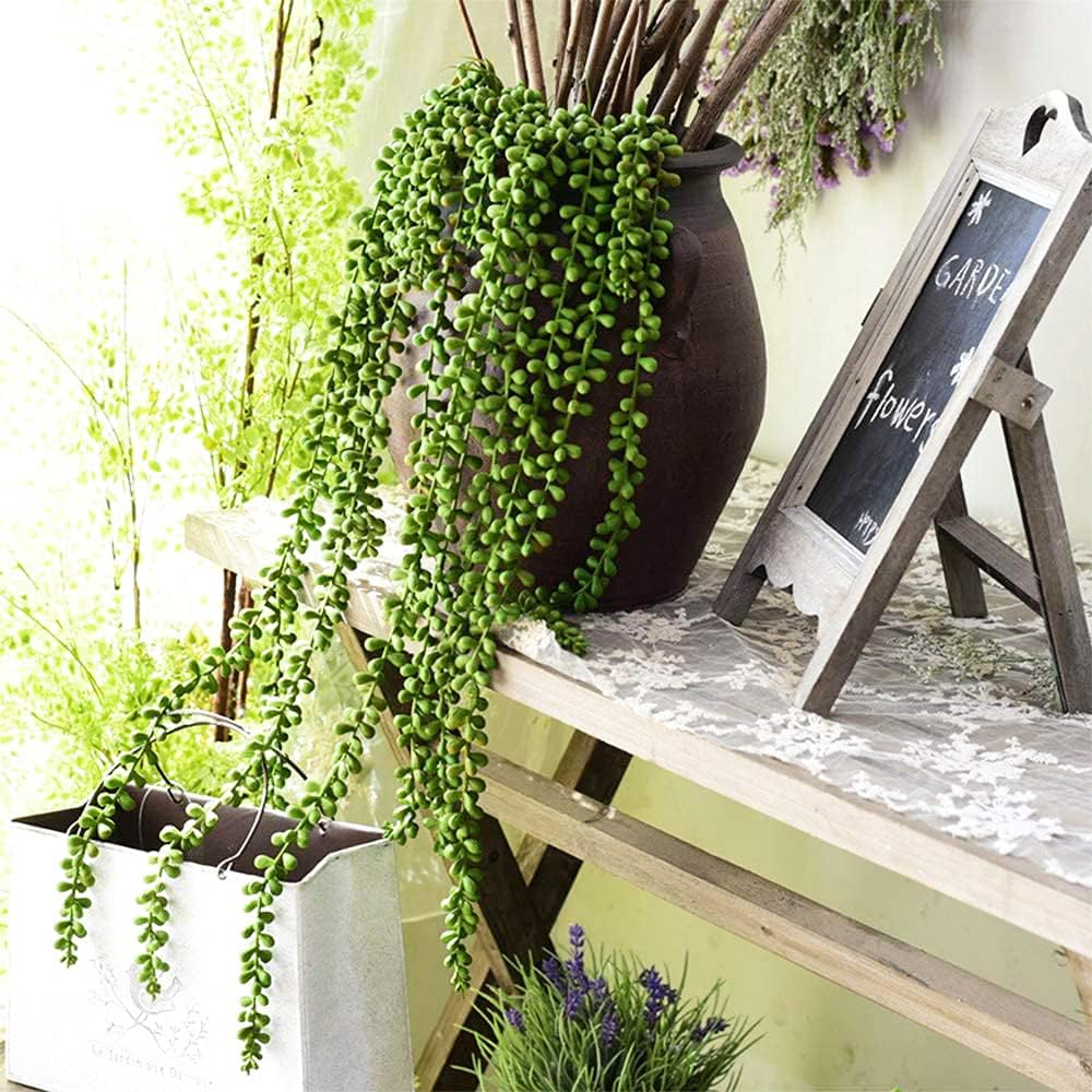 Artificial Fake String of Pearls Plant Faux Succulents Hanging Plants / Dark Green / Set of 3
