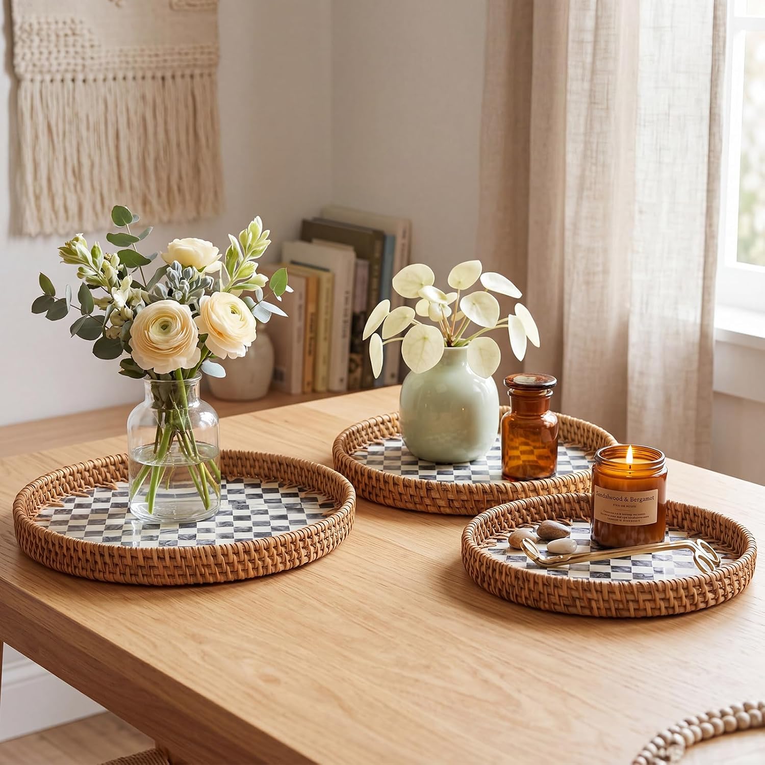 Round Rattan Tray / Black Checkerboard / 3 Size / Set of 3