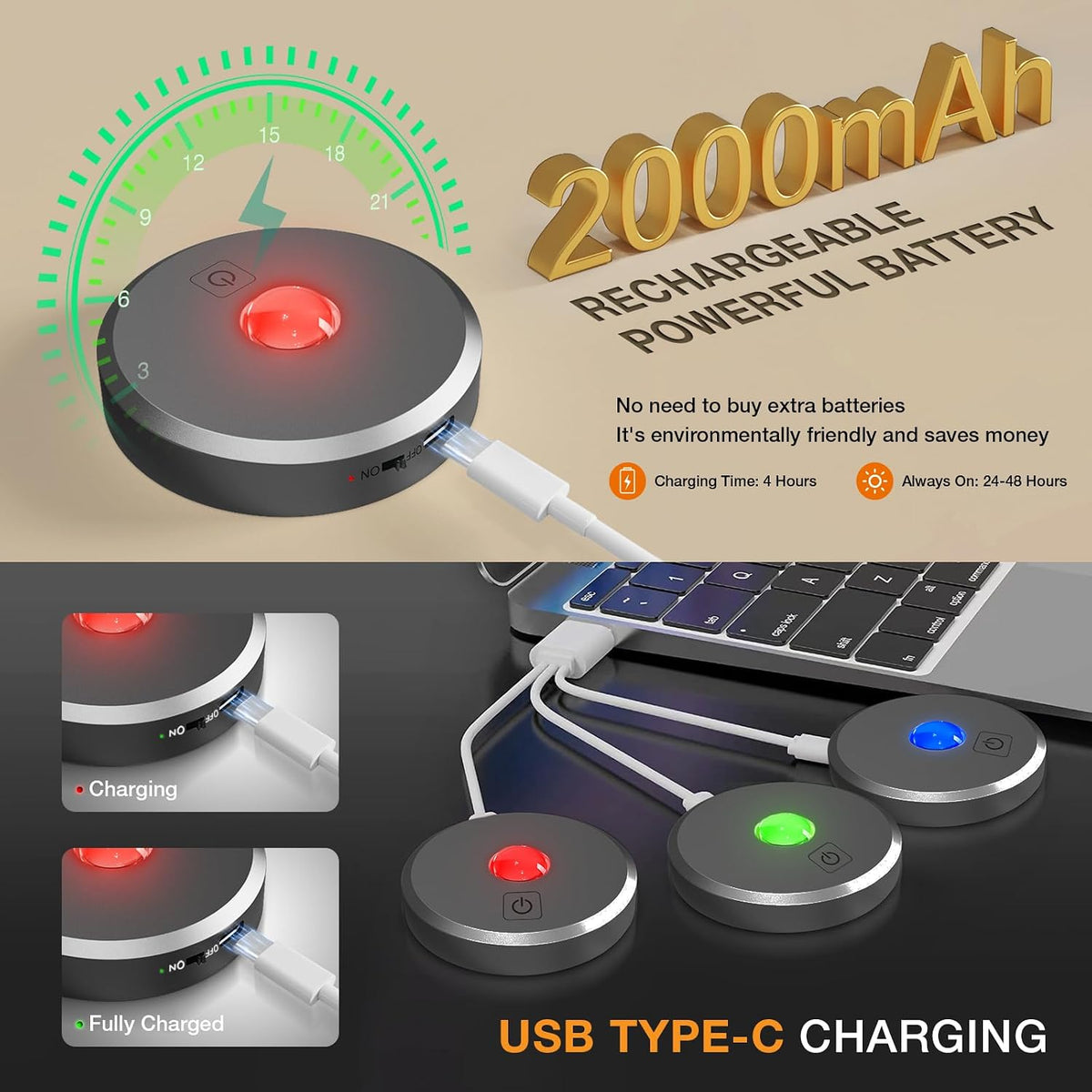 RGB Puck Lights with Remote Control, 2000mAh Rechargeable Stick on Led Lights, 9 Colors & 2 Dynamic, Tap Light with