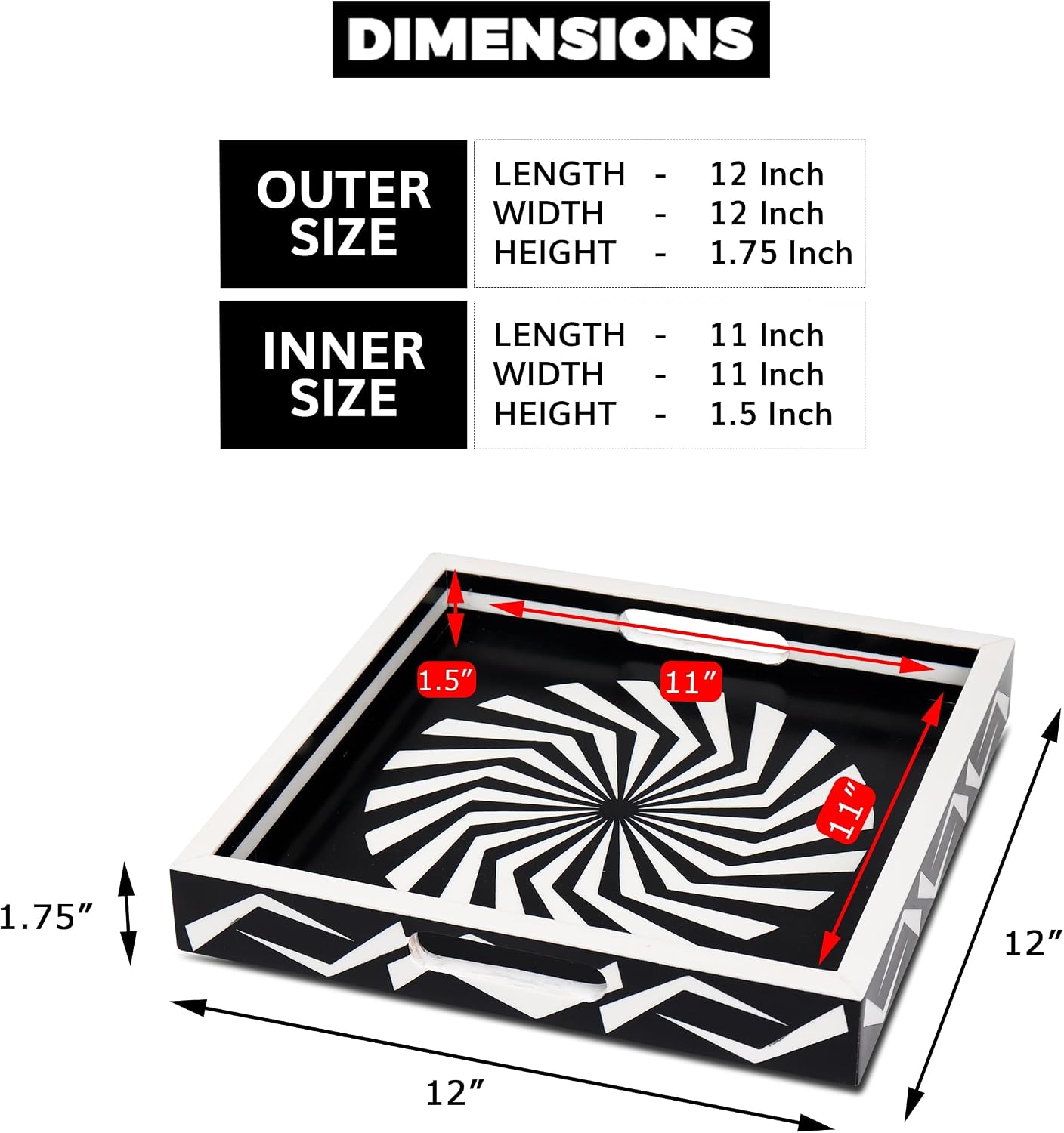 Ottoman Tray / White Decorative Tray / 12 x 12 x 1.5 / Illusion Optic / Black