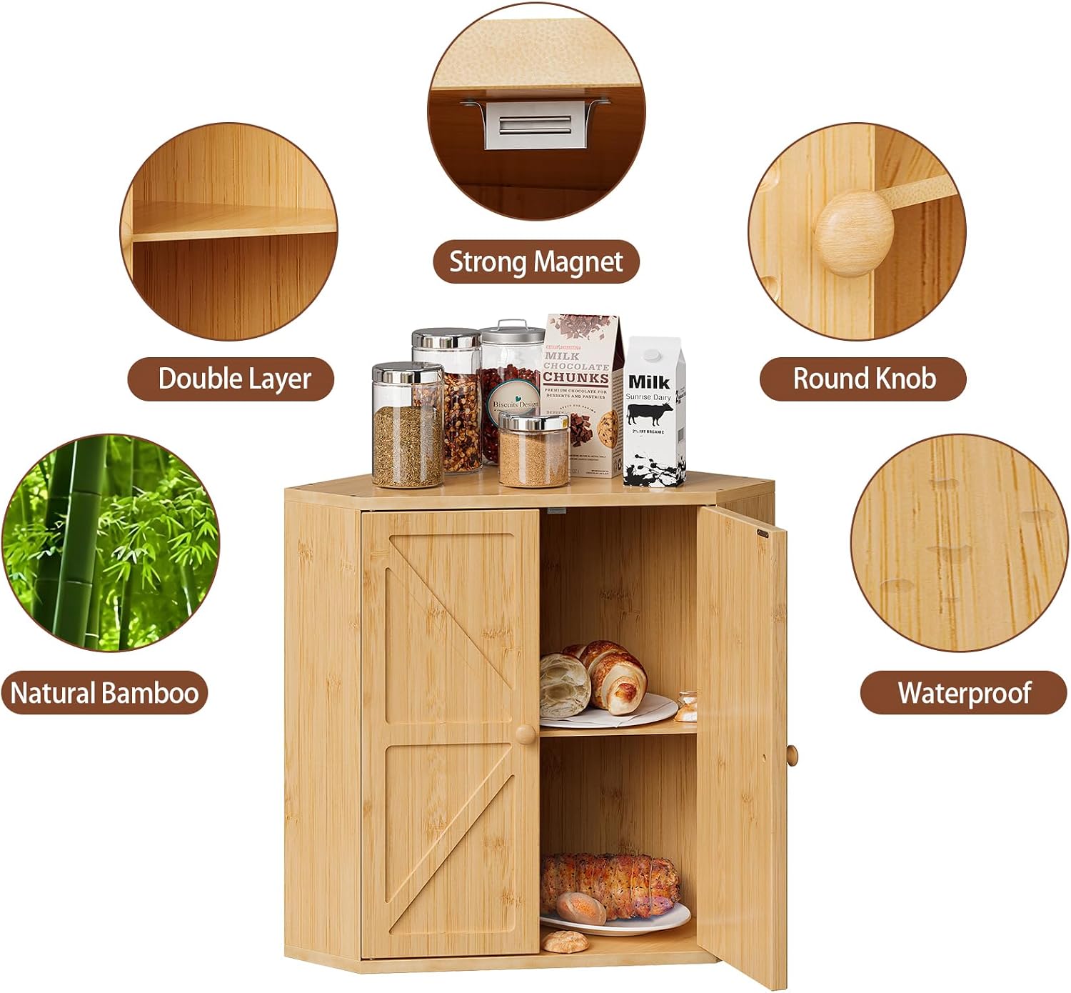 Trironsun Corner Bread Box for Kitchen Counter Double Layer Bamboo Bread Storage Container Large Capacity Bread Storage