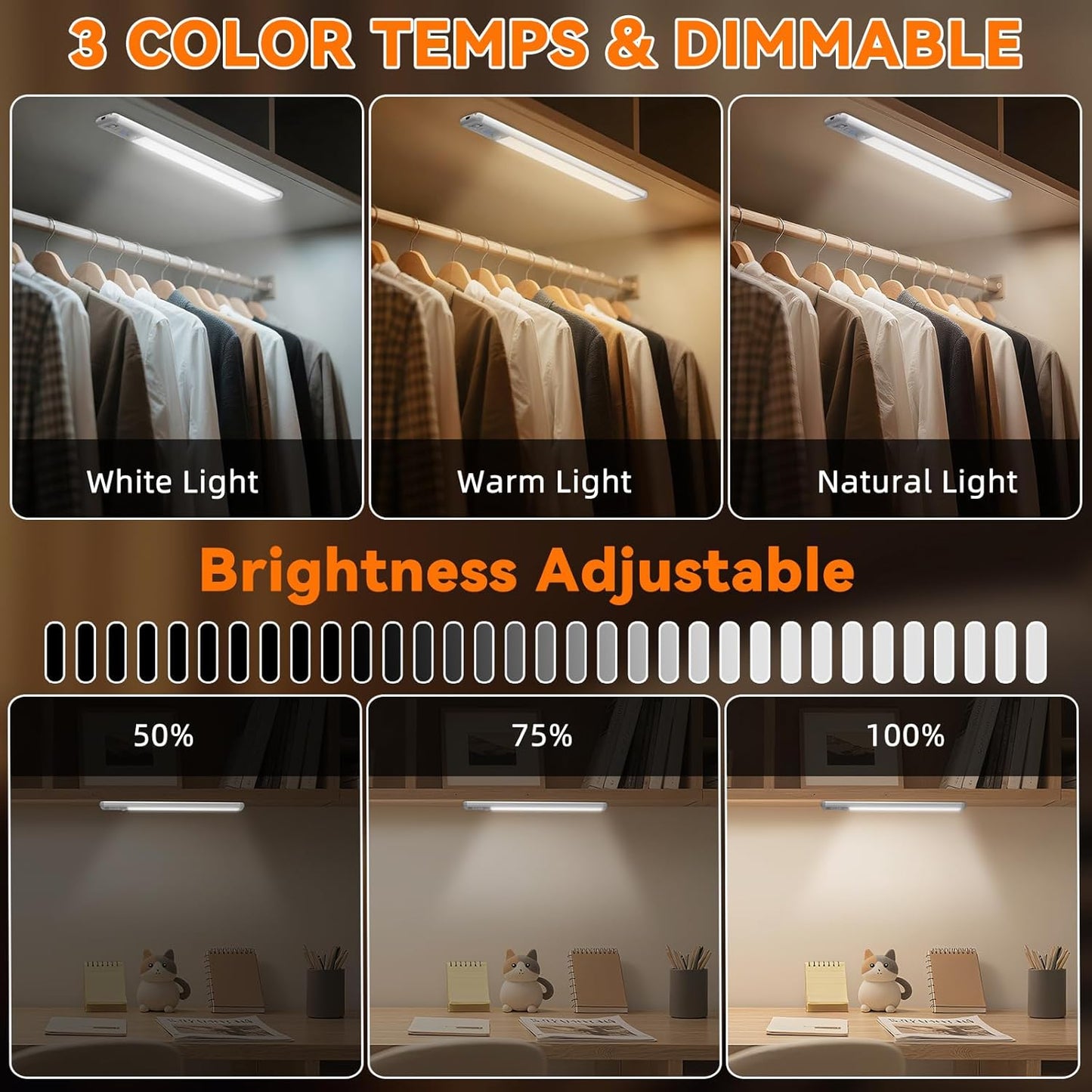 Under Cabinet Lighting Wireless, 15inch Motion Sensor Light Indoor, 3Pack | Rechargeable, 3 Color Temps, Dimmable