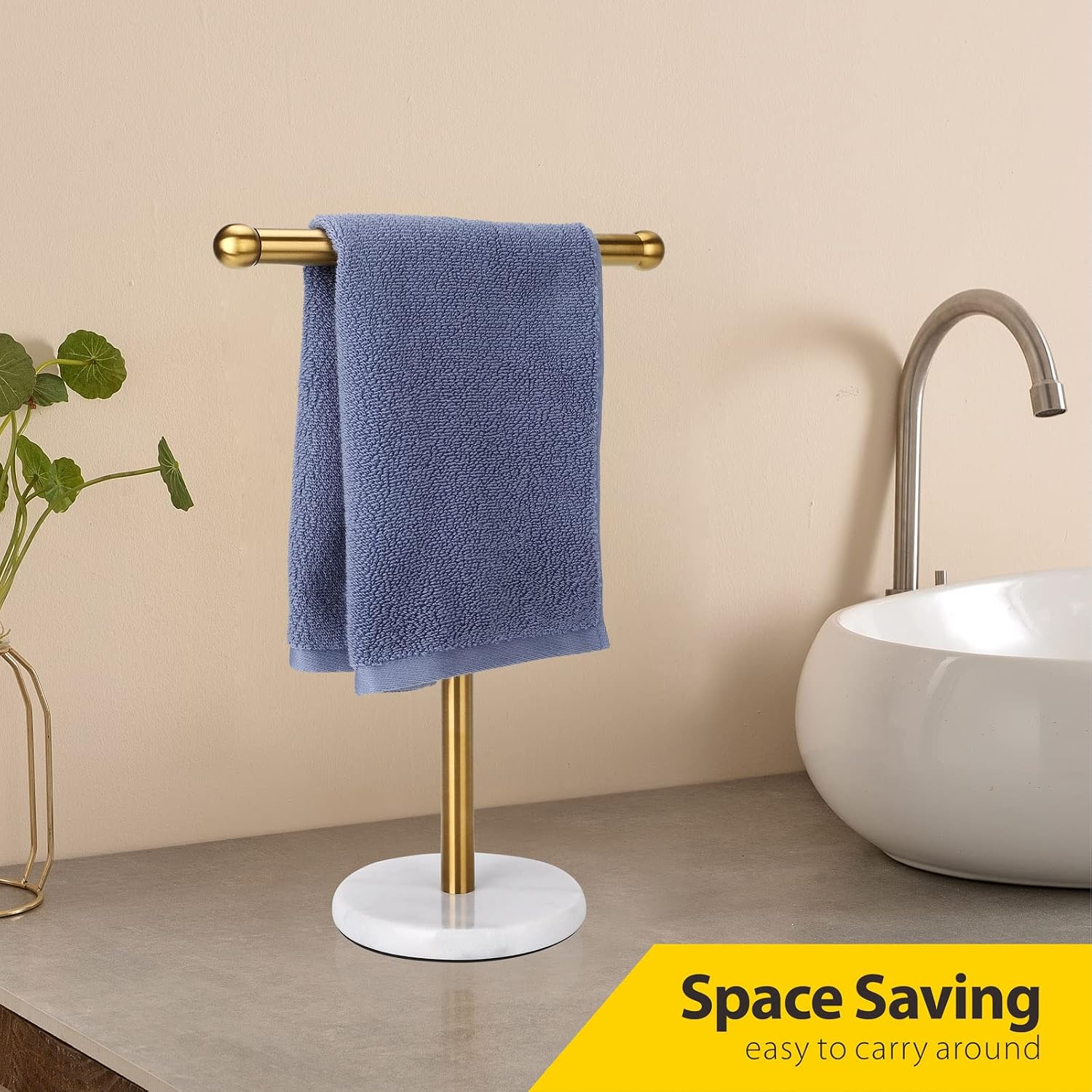 Gold Hand Towel Holder Stand with Heavy Marble Base, T-Shape Towel Rack, Free-Standing for Bathroom Vanity Countertop