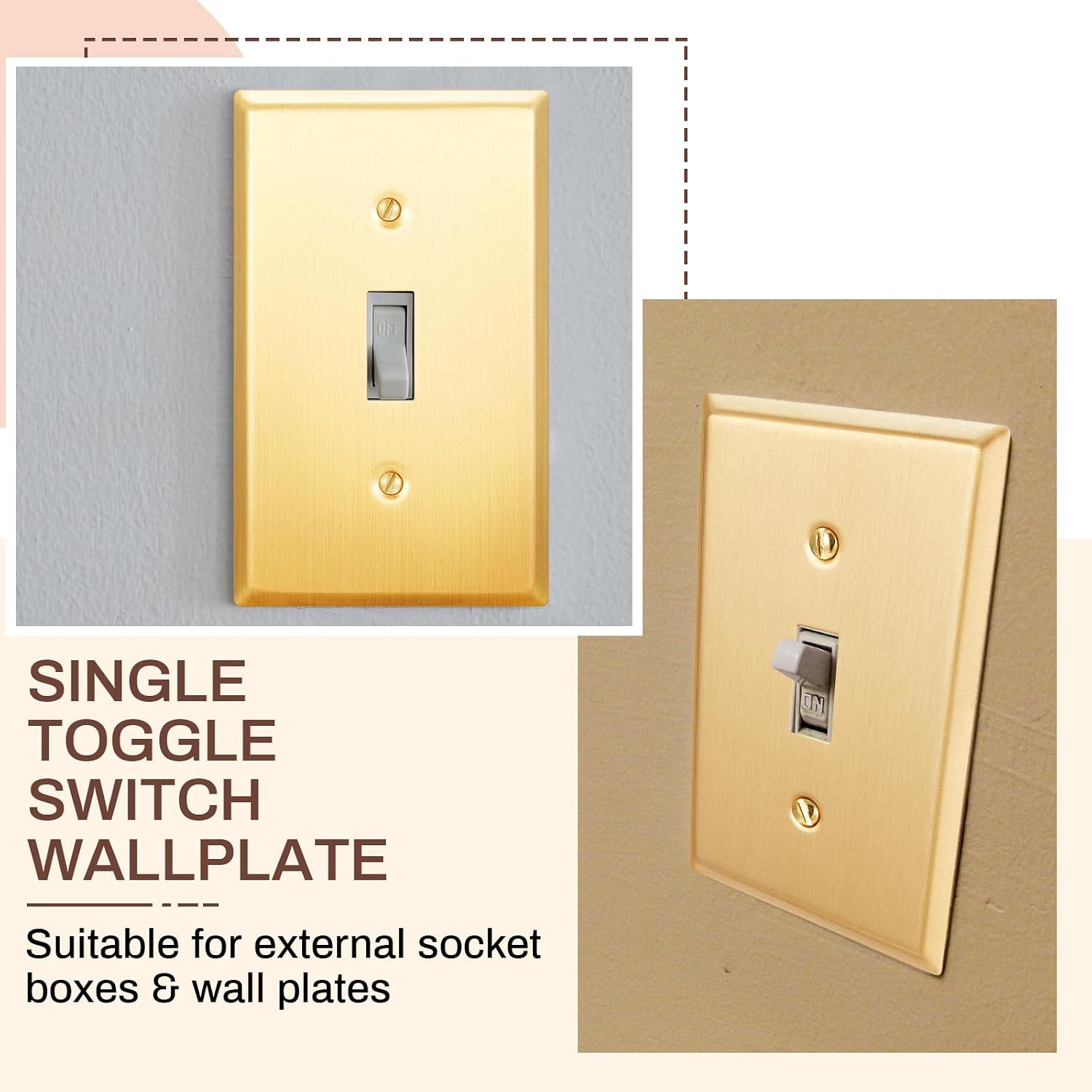 Zonon 8 Pack Gold Outlet Covers 4.50" x 2.76" Toggle Light Switch Covers Brass Metal Brushed Decorative Gold Receptacle