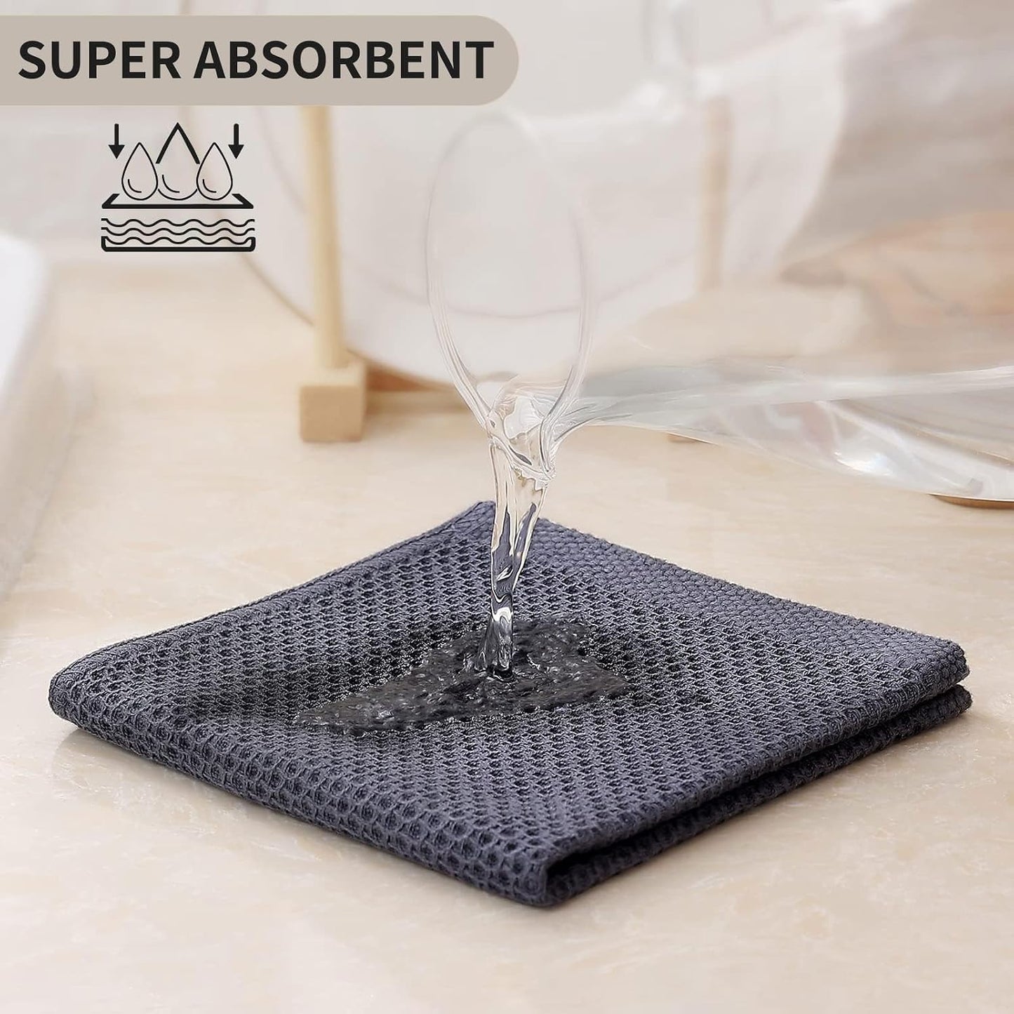 Kitinjoy 100% Cotton Waffle 12-Pack Kitchen Towels, 12" x 12", Dark Grey | Ultra Absorbent, Super Soft, lightweight
