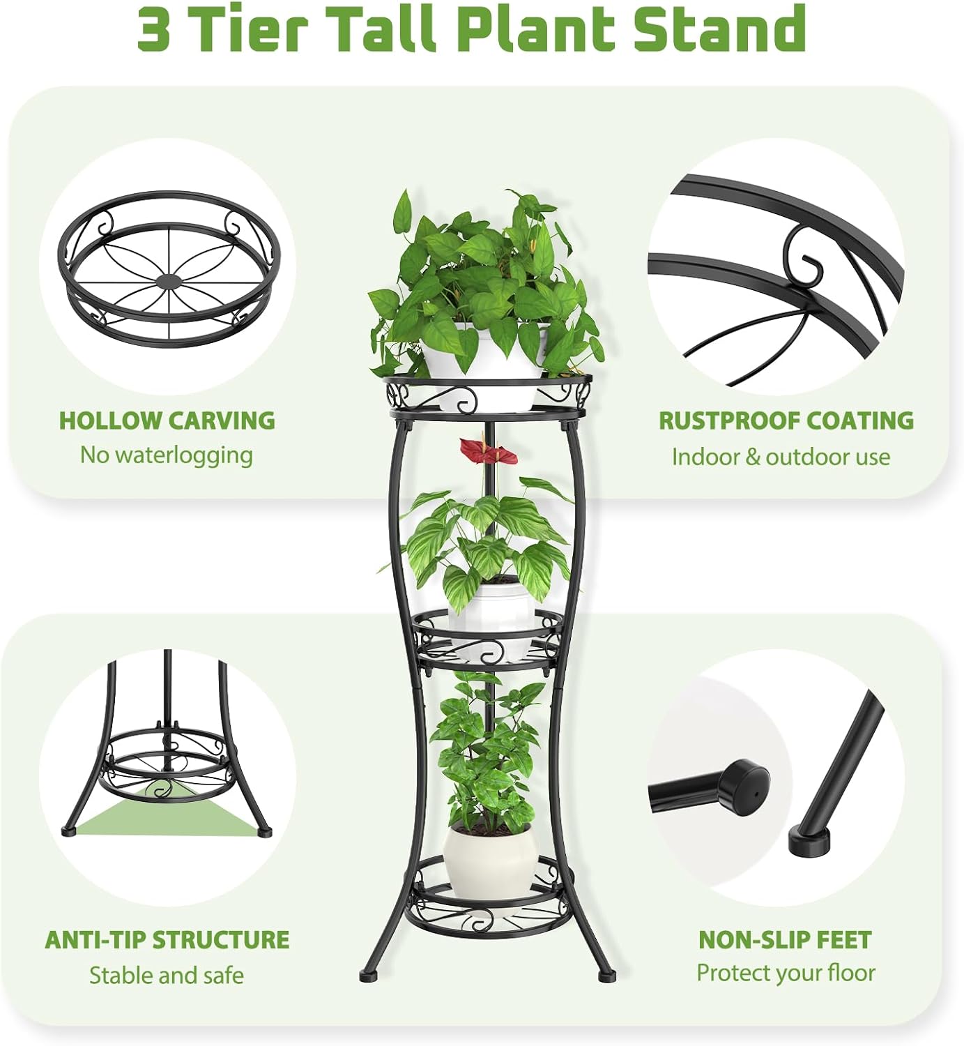 iDavosic.ly 3 Tier Metal Plant Stand Outdoor Indoor, 34 Inch Tall, Black | Corner Flower Pot Holder Shelf, Wrought Iron
