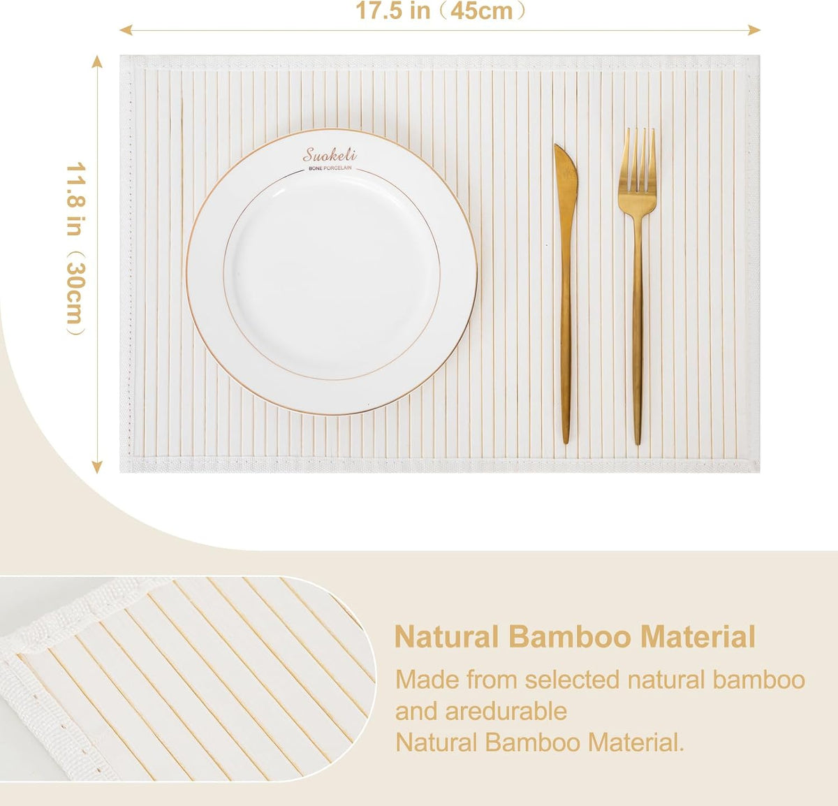 Bamboo Placemats Set of 8 with Fabric Border, Table Mats, White | 18" x 12", Natural Bamboo Rectangular Place Mat, for