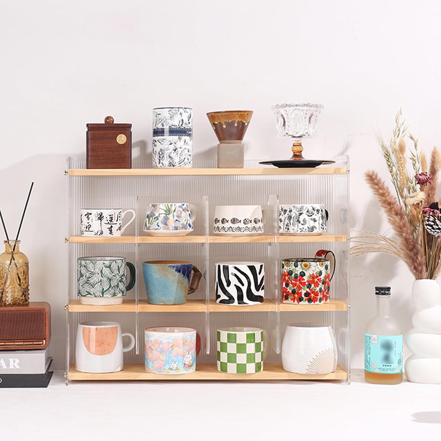 Mug Shelf 4-Tier Walnut Coffee Cup Displays,Kitchen Spice Storage | PMMA Acrylic,Surface Polished Walnut
