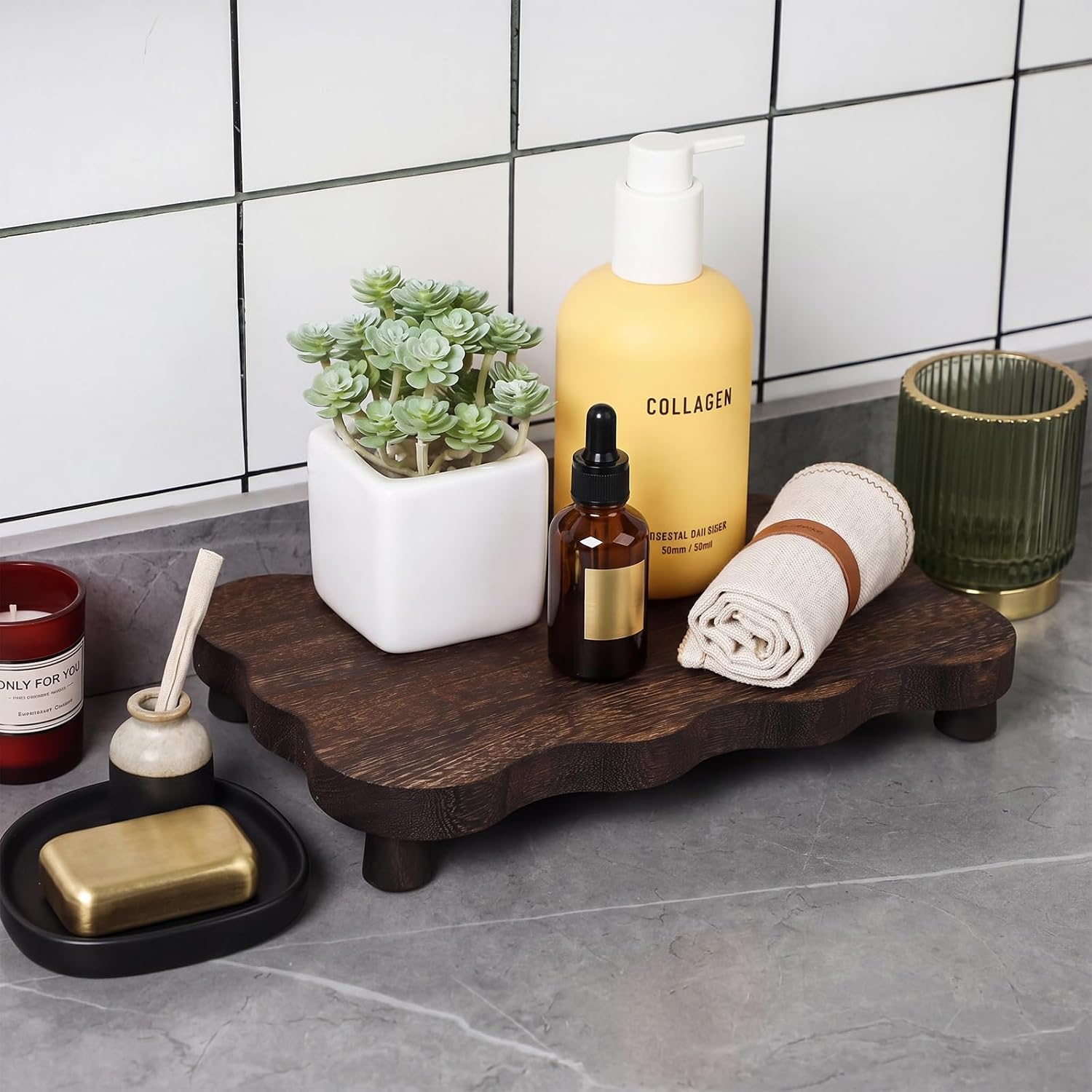 Wood Pedestal Stand Kitchen Soap Tray Farmhouse Wooden Riser Stand / 12 x 7 / Dark Brown