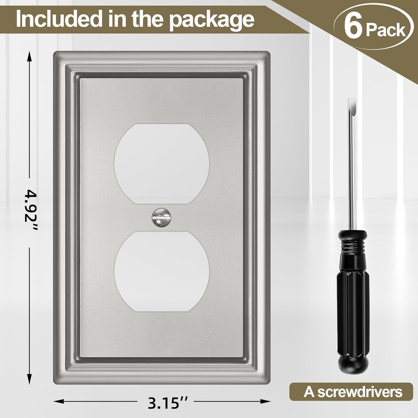 Brushed Nickel Metal Decorative Duplex Outlet Covers Wall Plates,6 Pack | Switch Plate Covers,Outlet Covers Wall