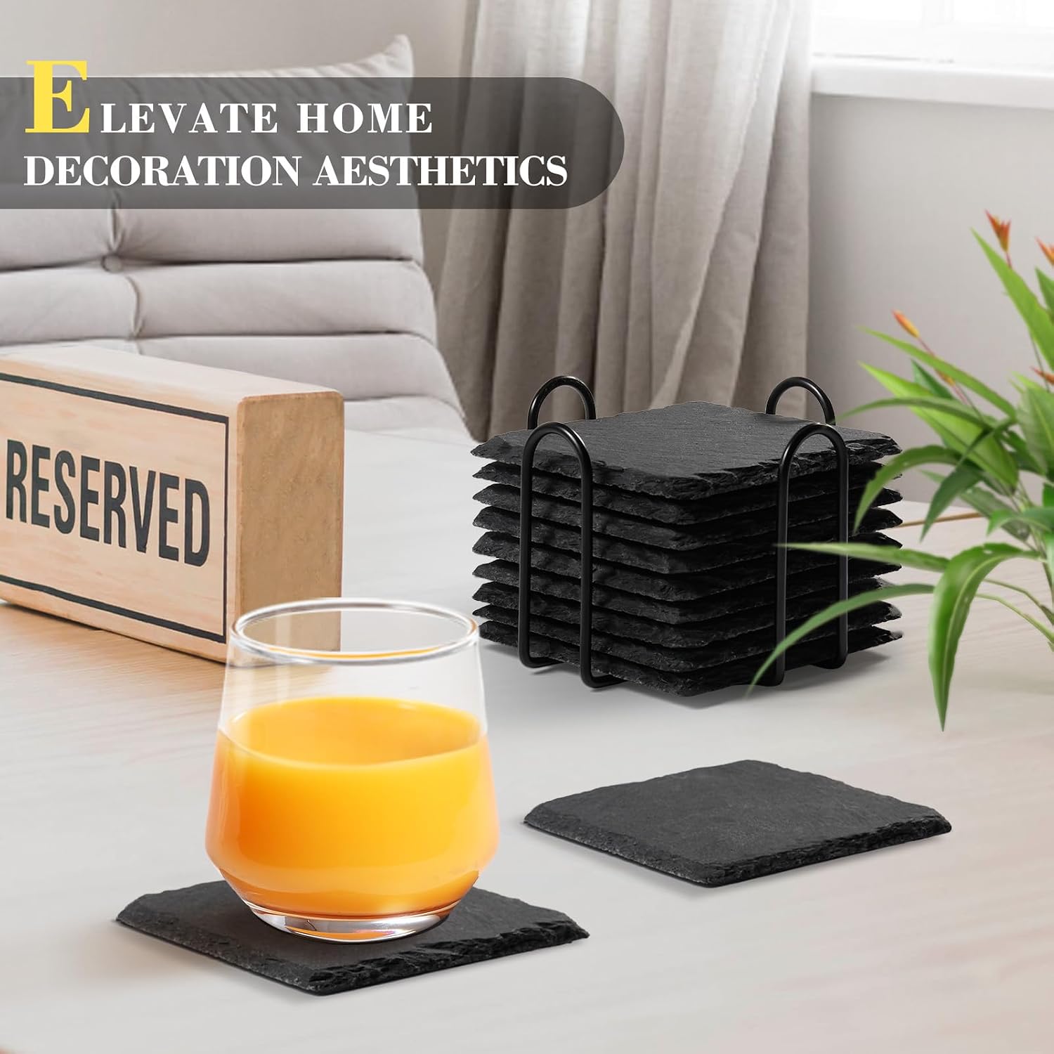 Metal Holder / Stone Coaster Set Tabletop Protection / Black / 4 Inch / Set of 8