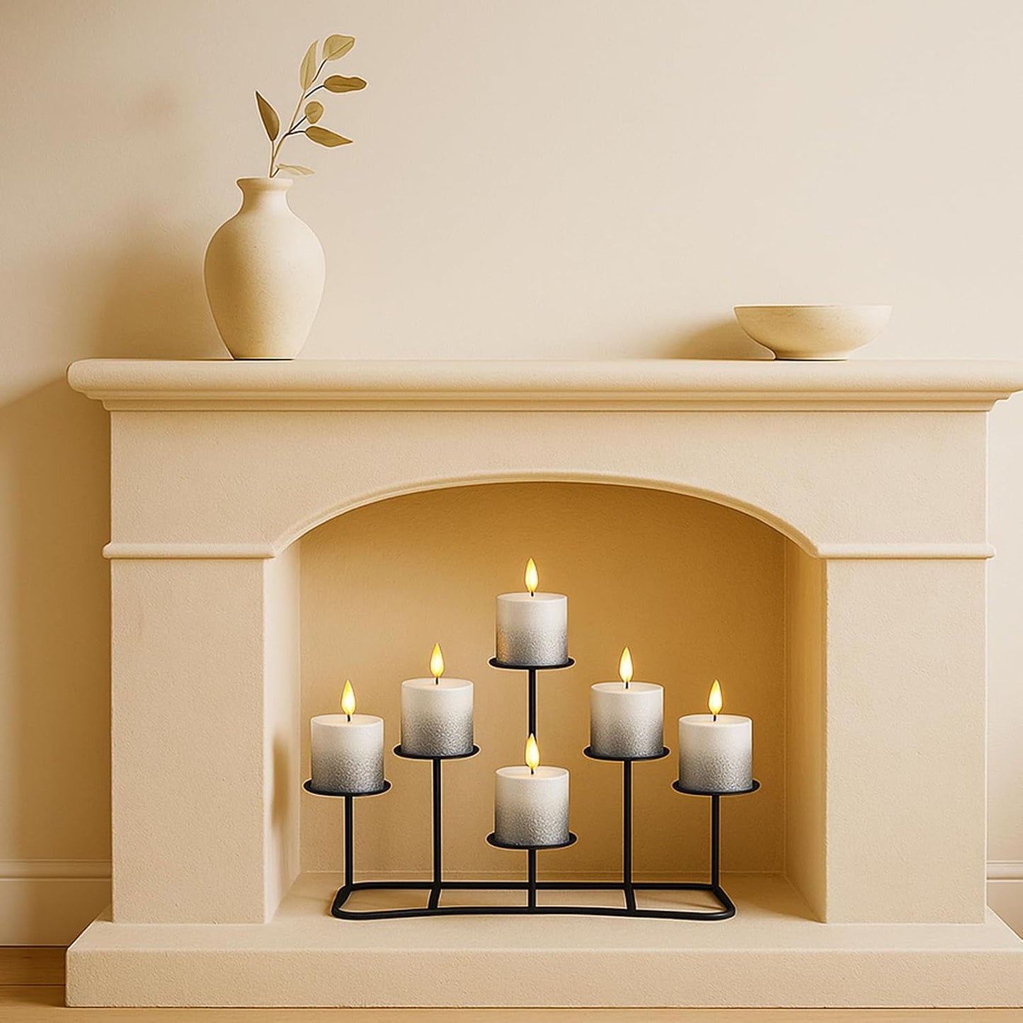 Smtyle Fireplace Christmas Candelabra Candle Holder - Black Matte Geometric Multi Tier Design, Stable Base, Perfect for