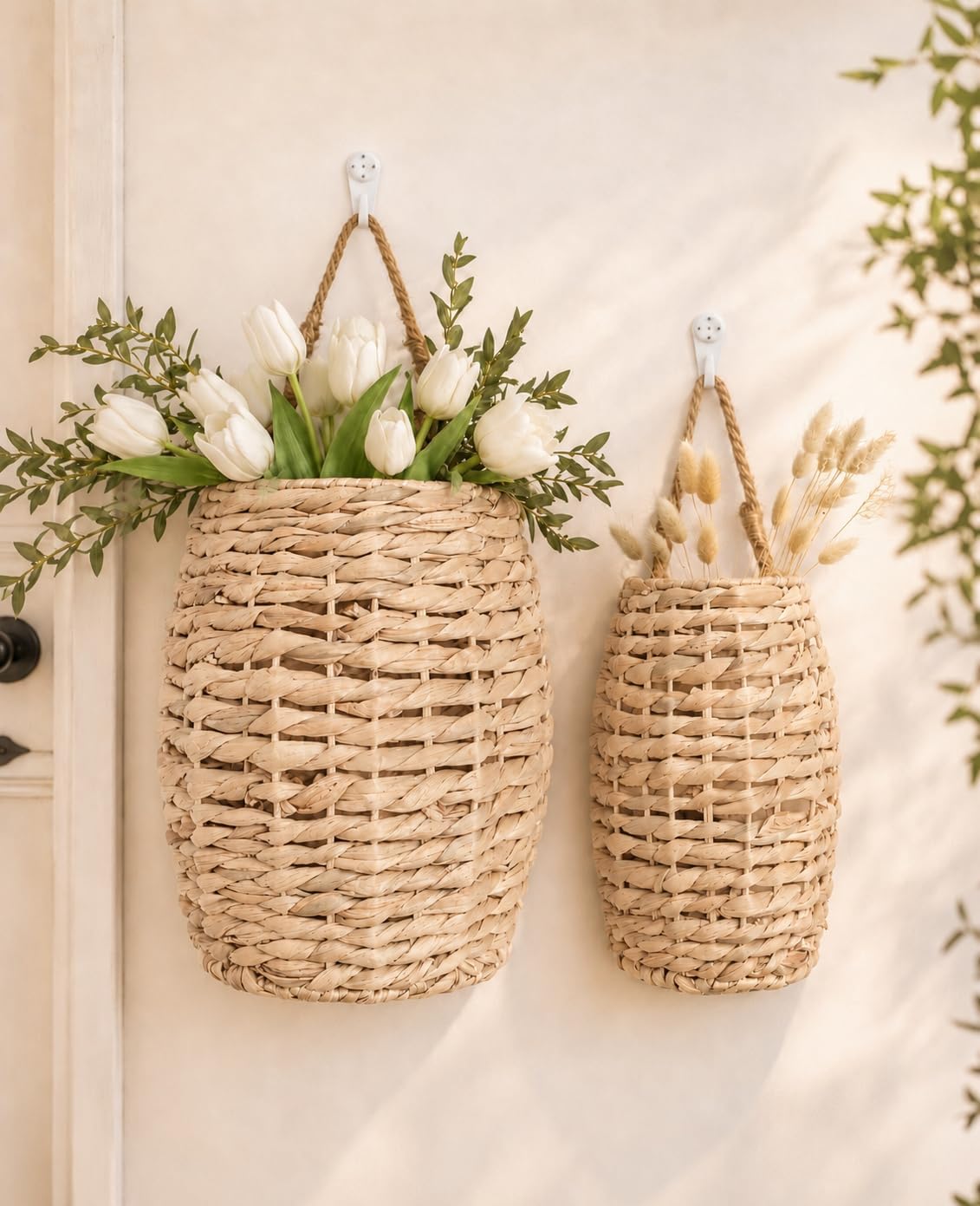 Hand-Woven Boho Front Door Basket for Flowers / Set of 2