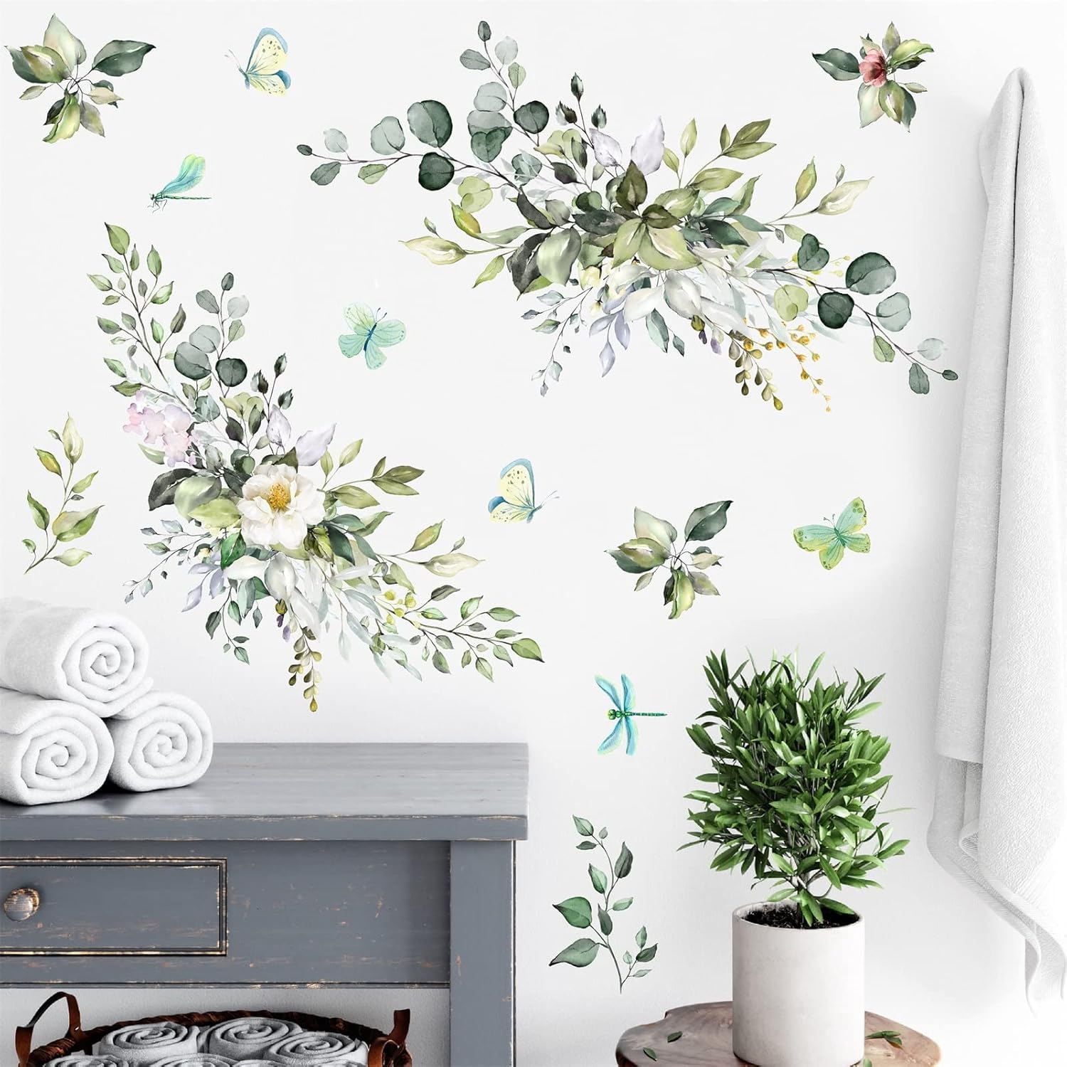 Leaves Wall Decal Botanical Vinyl Decals Peel and Stick Rustic Hanging Vines Art Mural / Green