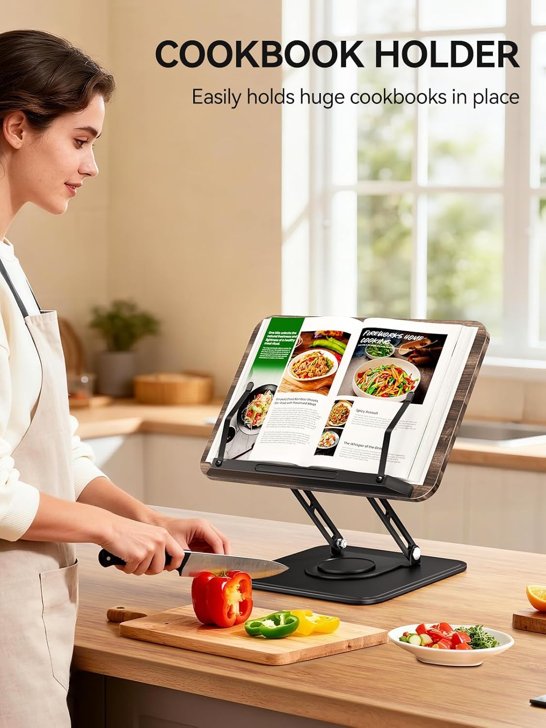 Tounee Book Stand, 360° Rotating Reading Book Holder, Adjustable Cookbook Holder for Reading Hands-Free, Foldable