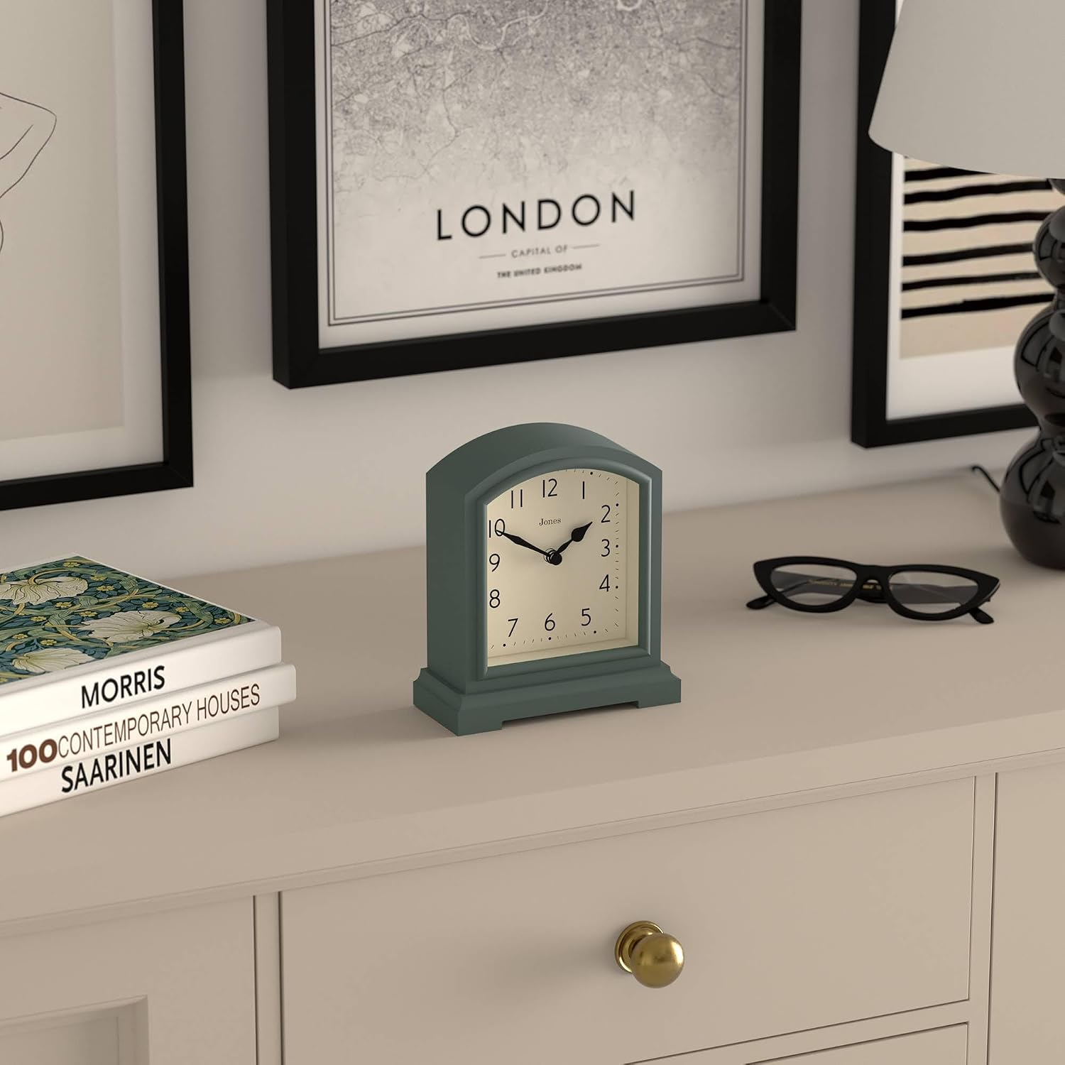 JONES CLOCKS® Tavern Mantel Clock | Modern Arch top Design | Asparagus Green | Contemporary Classic Style for Desk