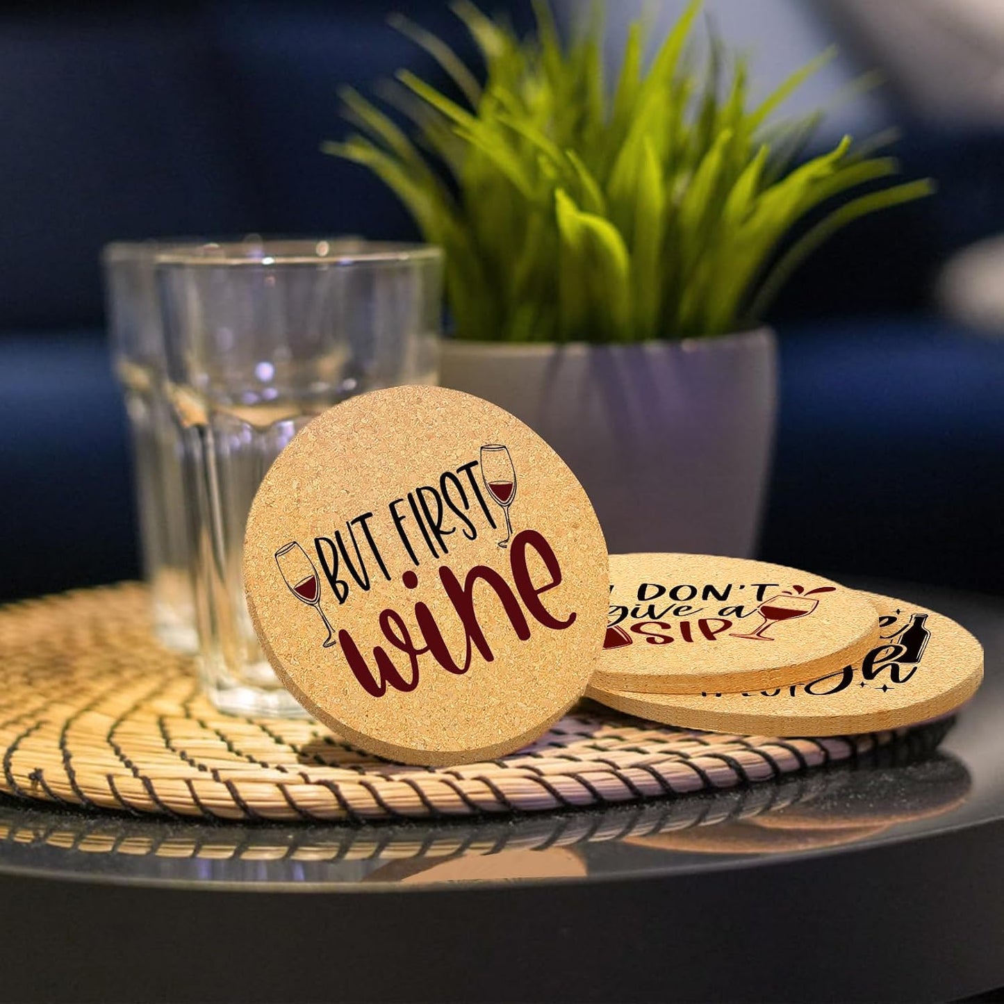Holder / Absorbent Cork Wood Coaster for Cup Desk Office Table Kitchen Decor / Wine / Set of 6