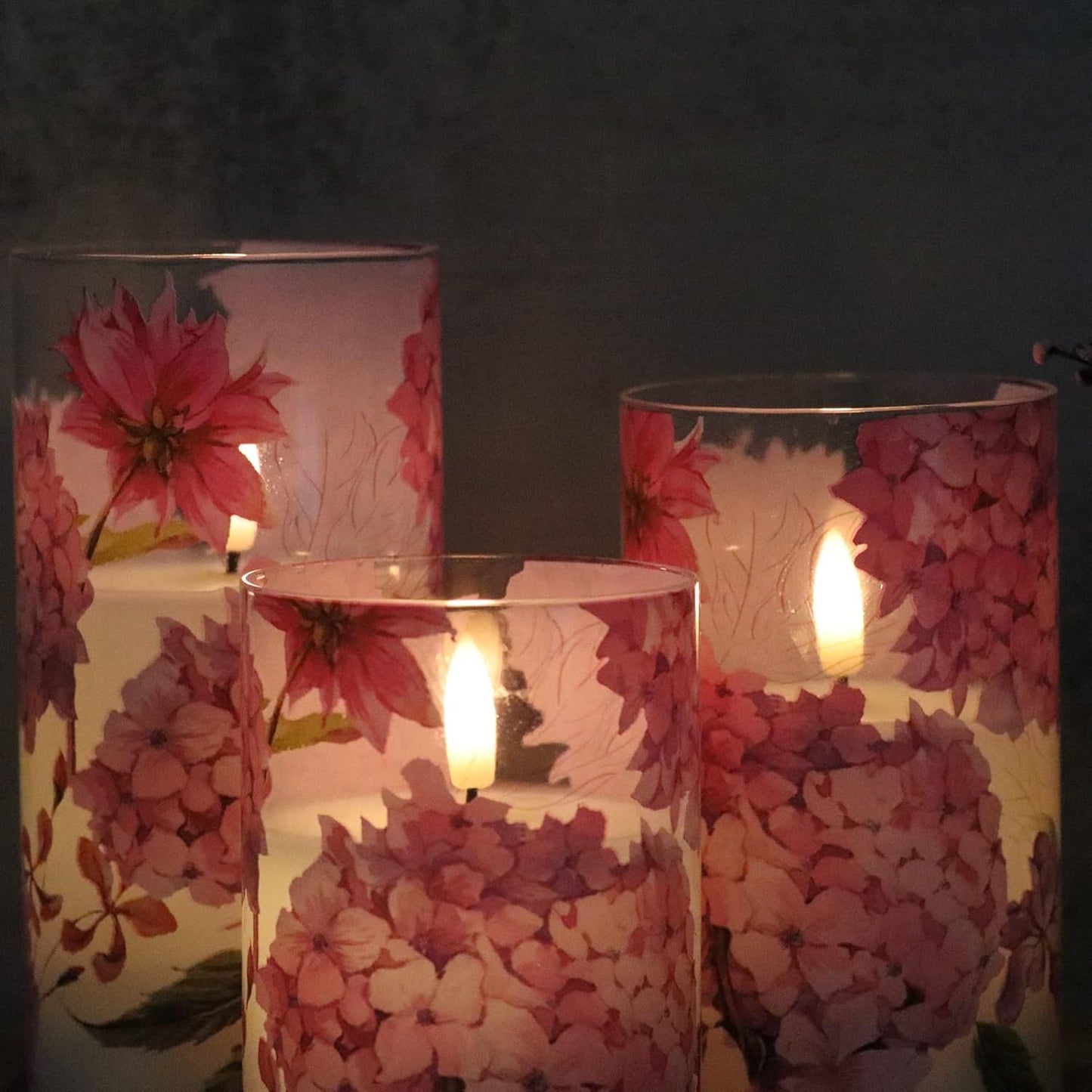 Red Hydrangea Glass Flameless Candles with Remote and Timer | Batttery Operated LED Pillar Candle Flickering, Real Wax