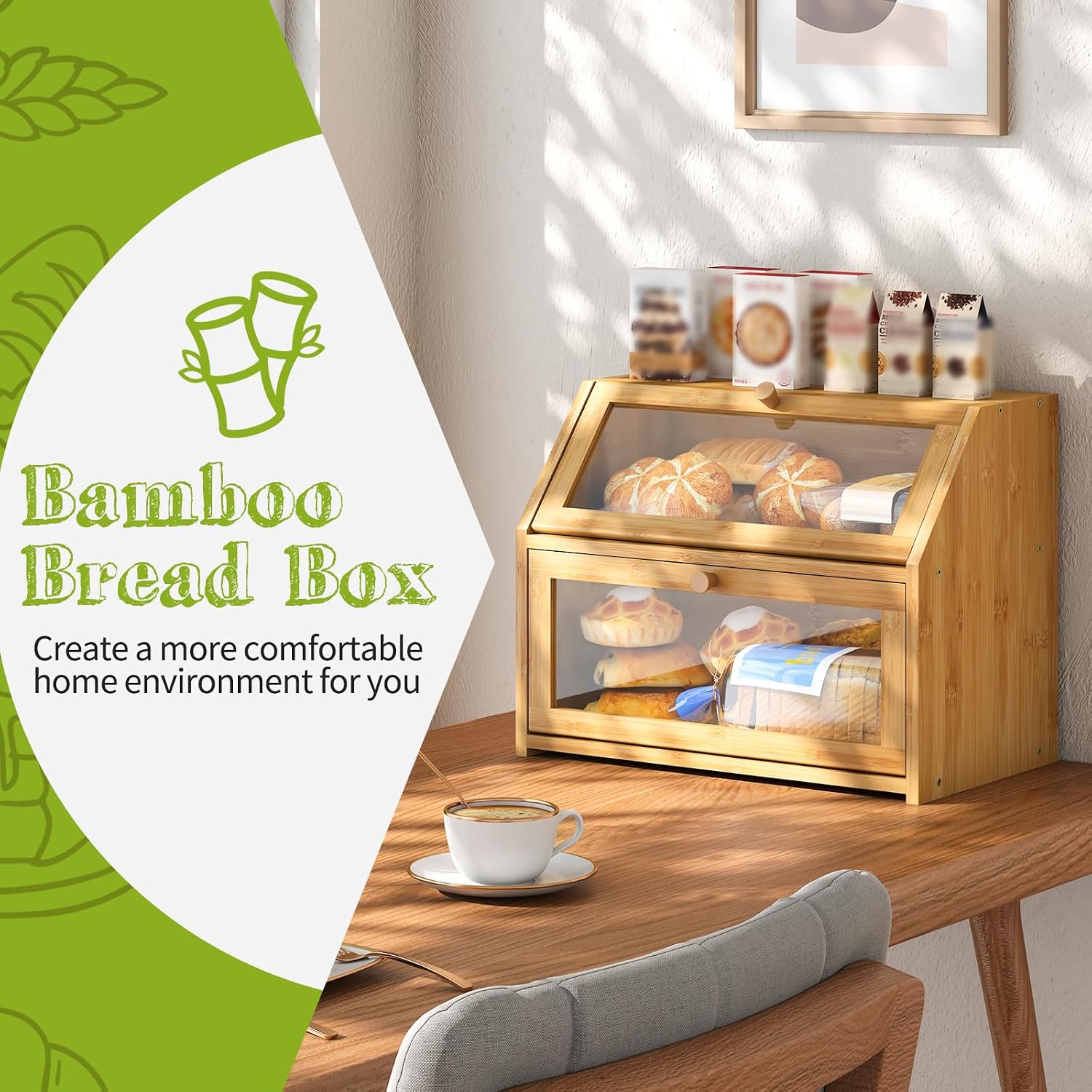BMOSU Farmhouse Bread Box for Kitchen Countertop Bread box Double Layer Bamboo Wooden Extra Large Capacity Bin Kitchen