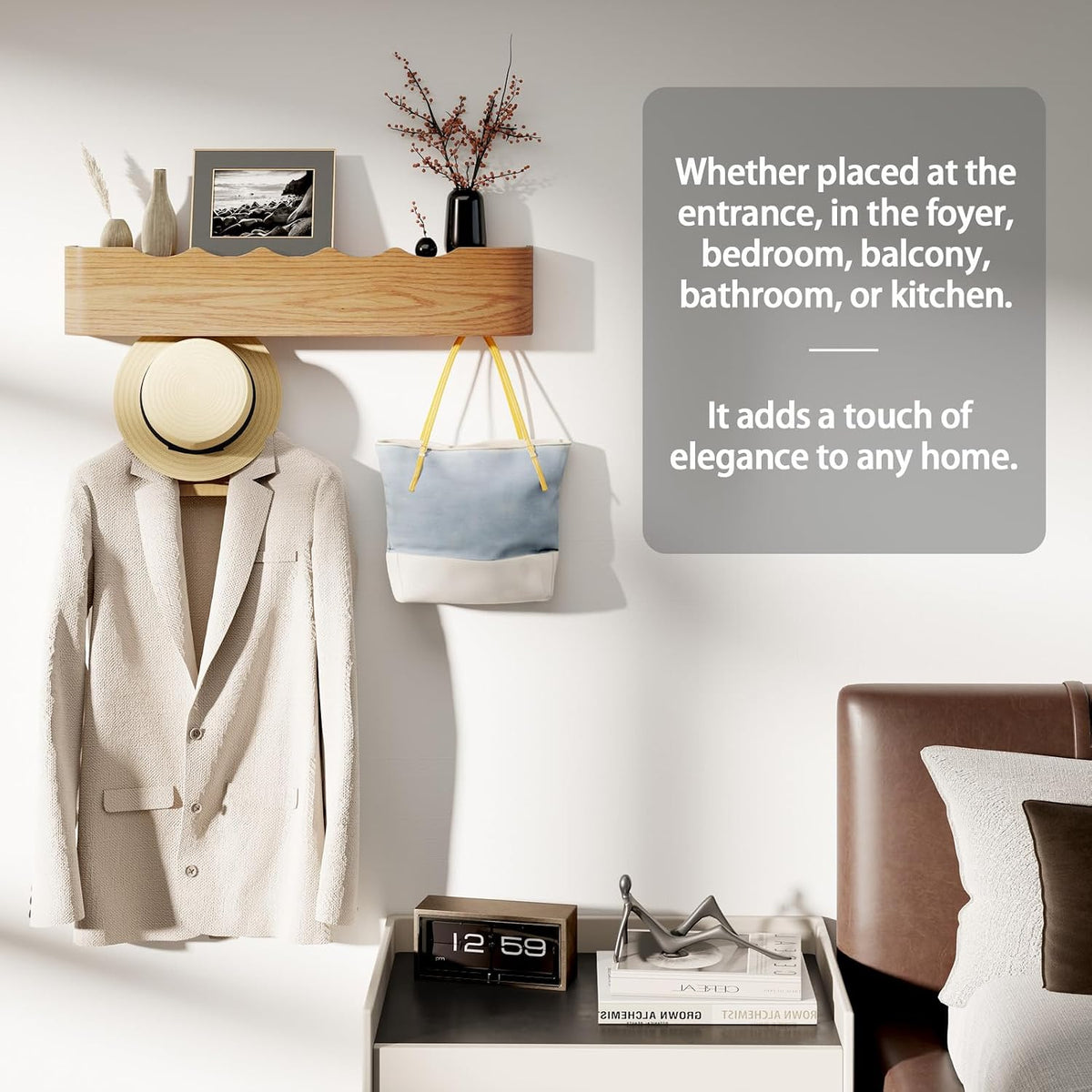 Coat Rack Wall Mount with Shelf 5 Hidden Hooks Modern Wooden Key Holder Entryway Organizer for Hallway Bedroom Bathroom