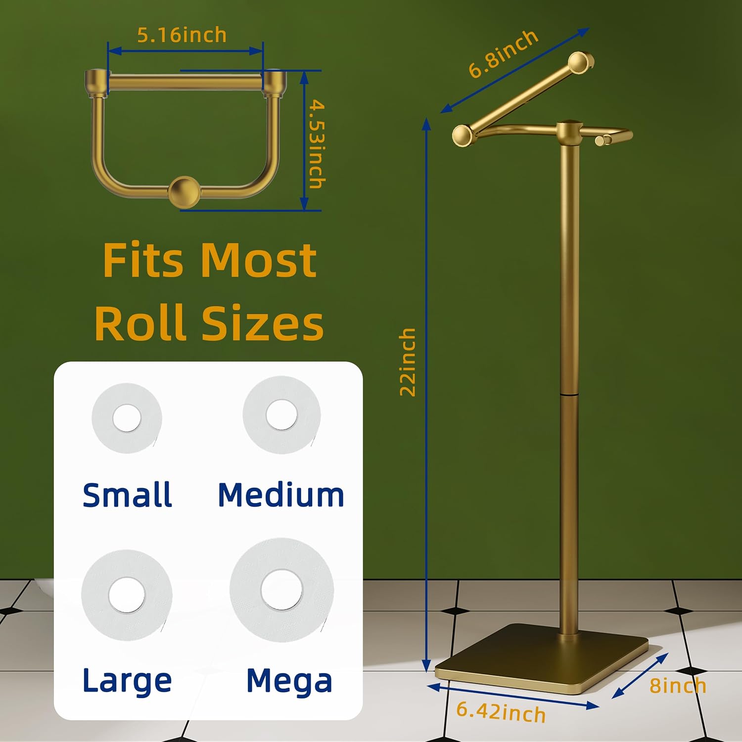 RUACQ Bathroom Toilet Paper Holder Stand, Brushed Gold | Dual-Post Pivoting Free Standing Toilet Roll Holder with