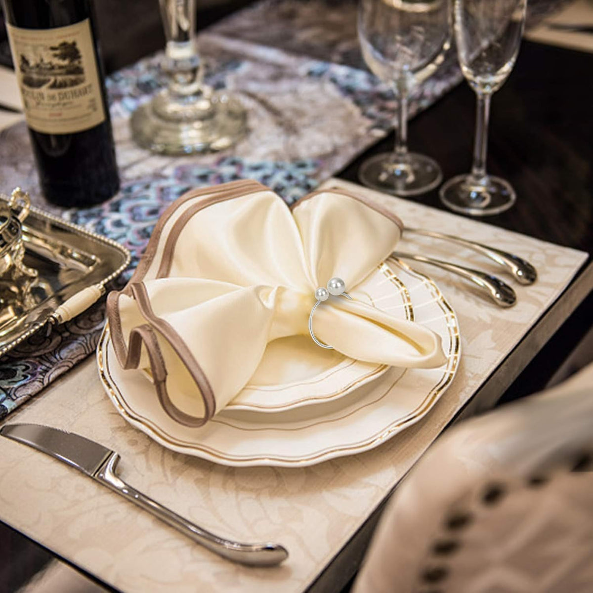 KPOSIYA Pearl Napkin Rings - Set of 200 Silver Napkin Holder Table Napkin Buckles for Dinning Table Setting Christmas