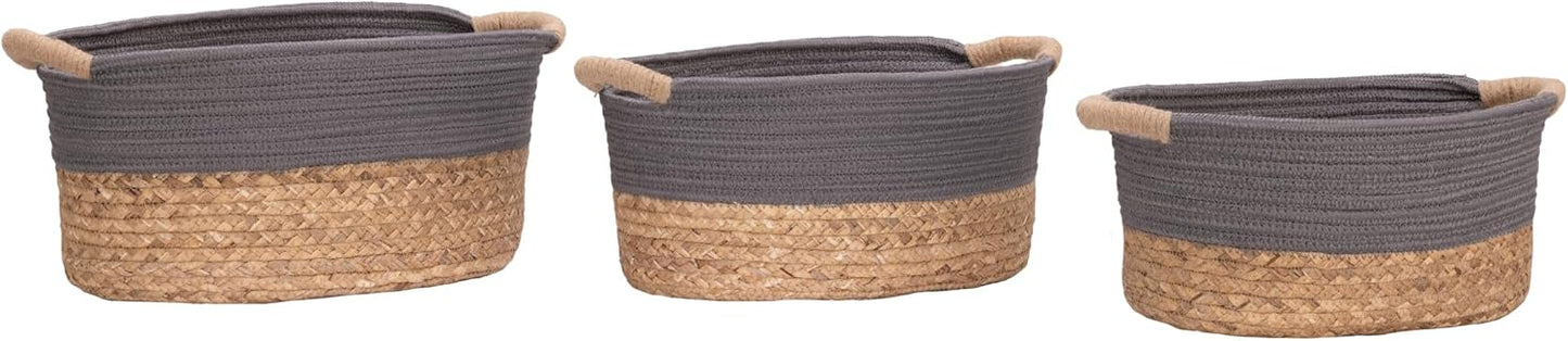 Natural Handwoven Portable Laundry Bin Basket / Gray / 3 Piece Set