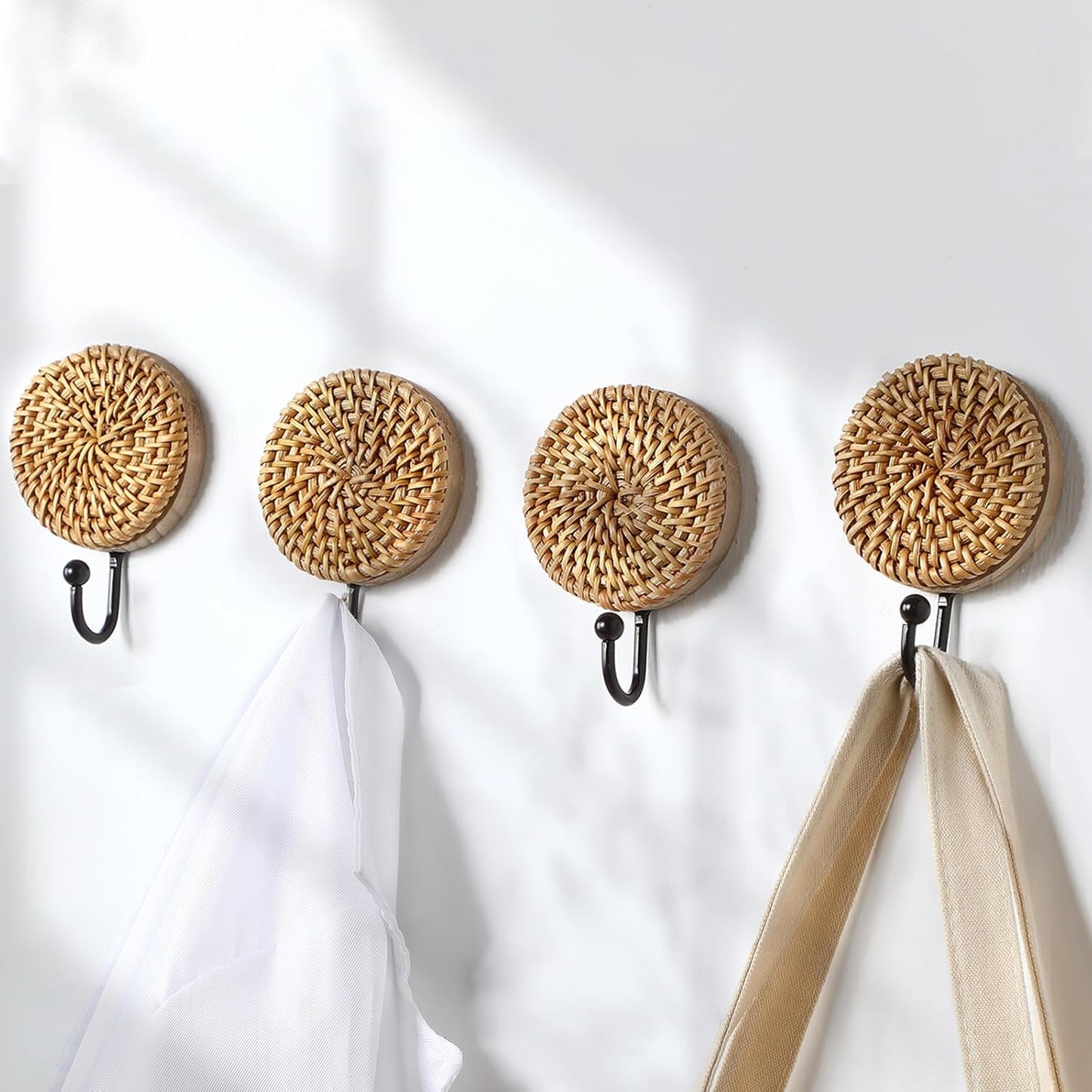 Boho Rattan Wall Towel Hooks Decorative Woven Hanging Holder Farmhouse Coat Rack / Round / Set of 4