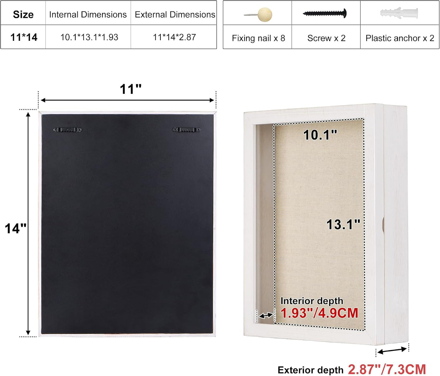 Love-KANKEI Deep Shadow Box 11x14,Wood Frame,Large Memory Box,Rustic White | Front-Opening Glass Magnetic Door,Linen