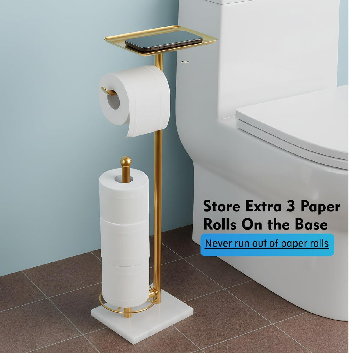 Gold Toilet Paper Holder with Shelf, Free Standing Toilet Paper Holder with Storage - Toilet Paper Stand for Holding
