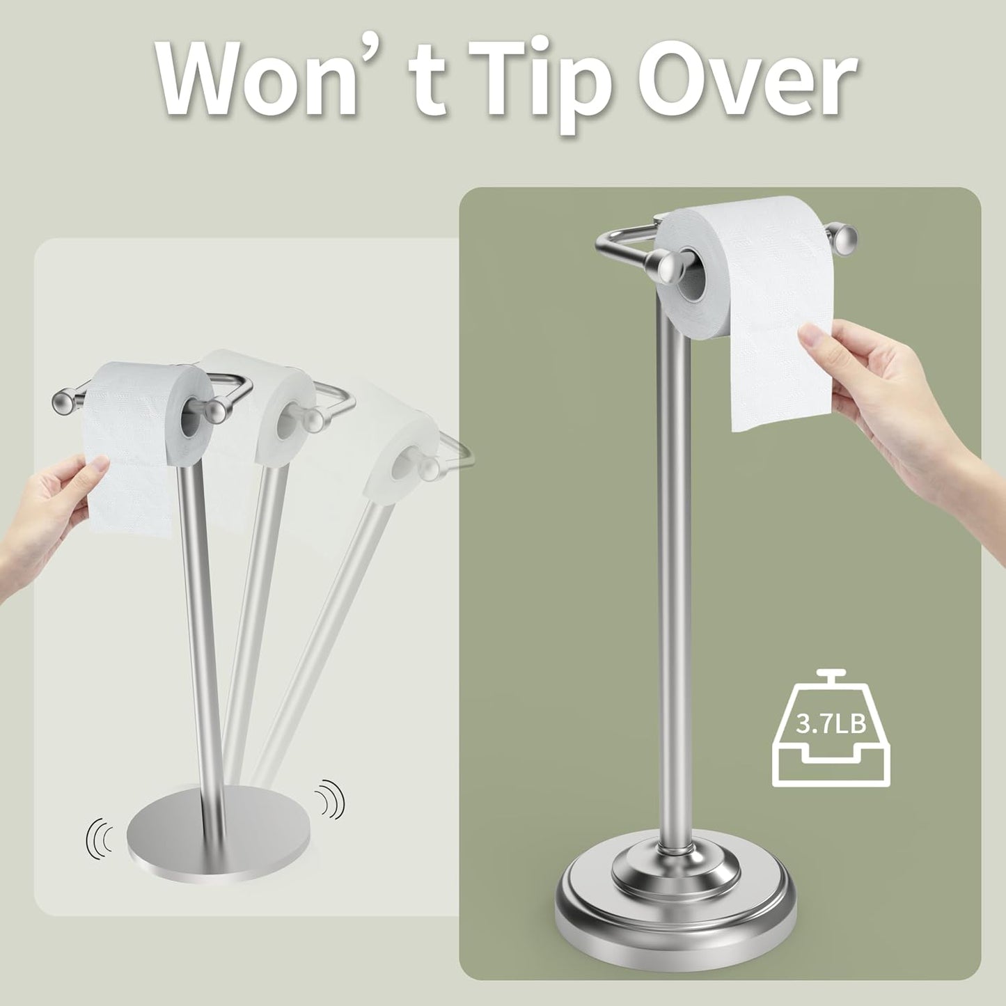 Toilet Paper Holder Stand, Brushed Nickel Toilet Paper Holder Free Standing,Post Pivoting Design & Stable Weighted Base