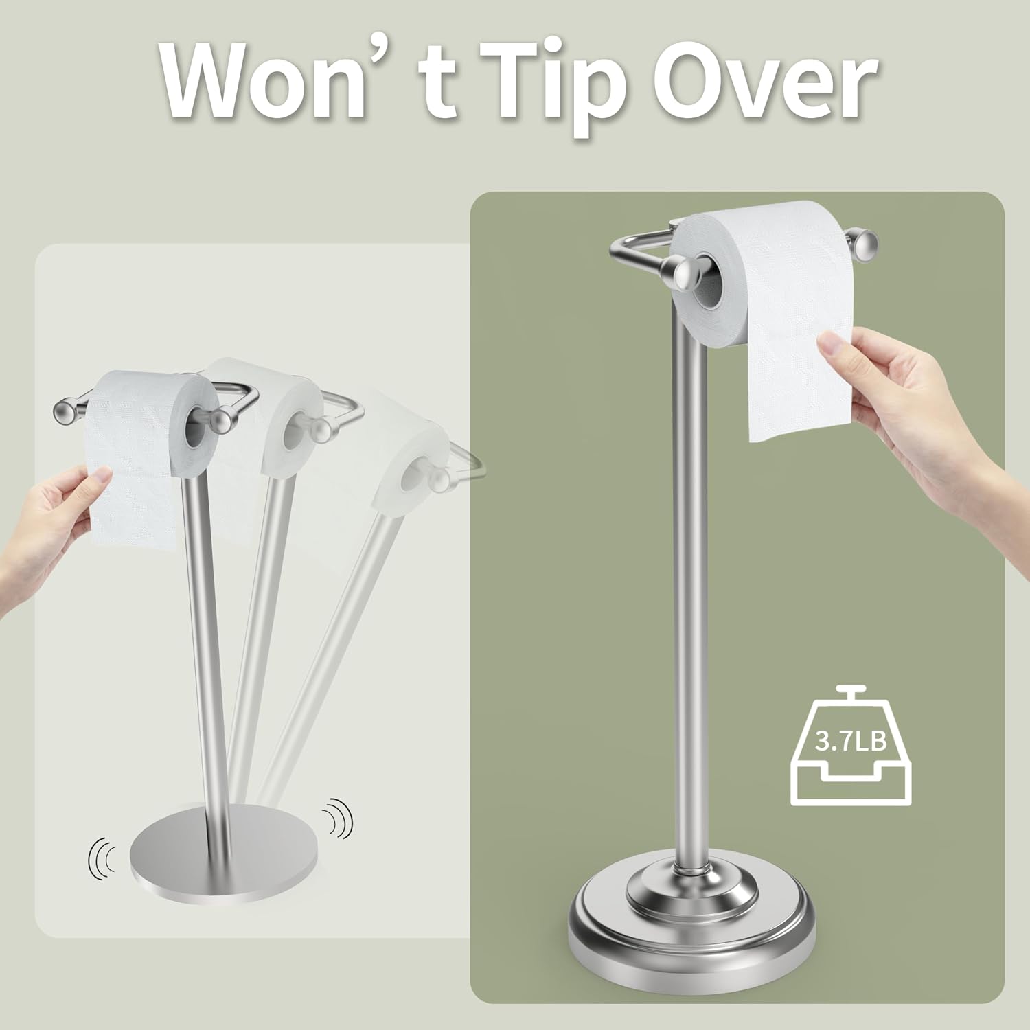 Toilet Paper Holder Stand, Brushed Nickel Toilet Paper Holder Free Standing,Post Pivoting Design & Stable Weighted Base