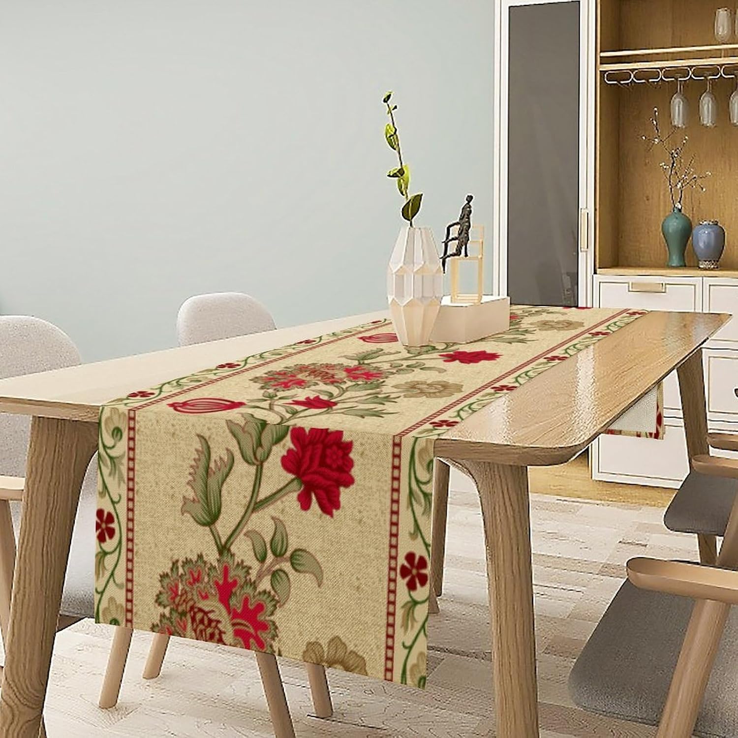 Rustic Floral Table Runner, Ethnic Style Leaf Flower Art Design Patterns Printed Linen Table Runner for Home Kitchen