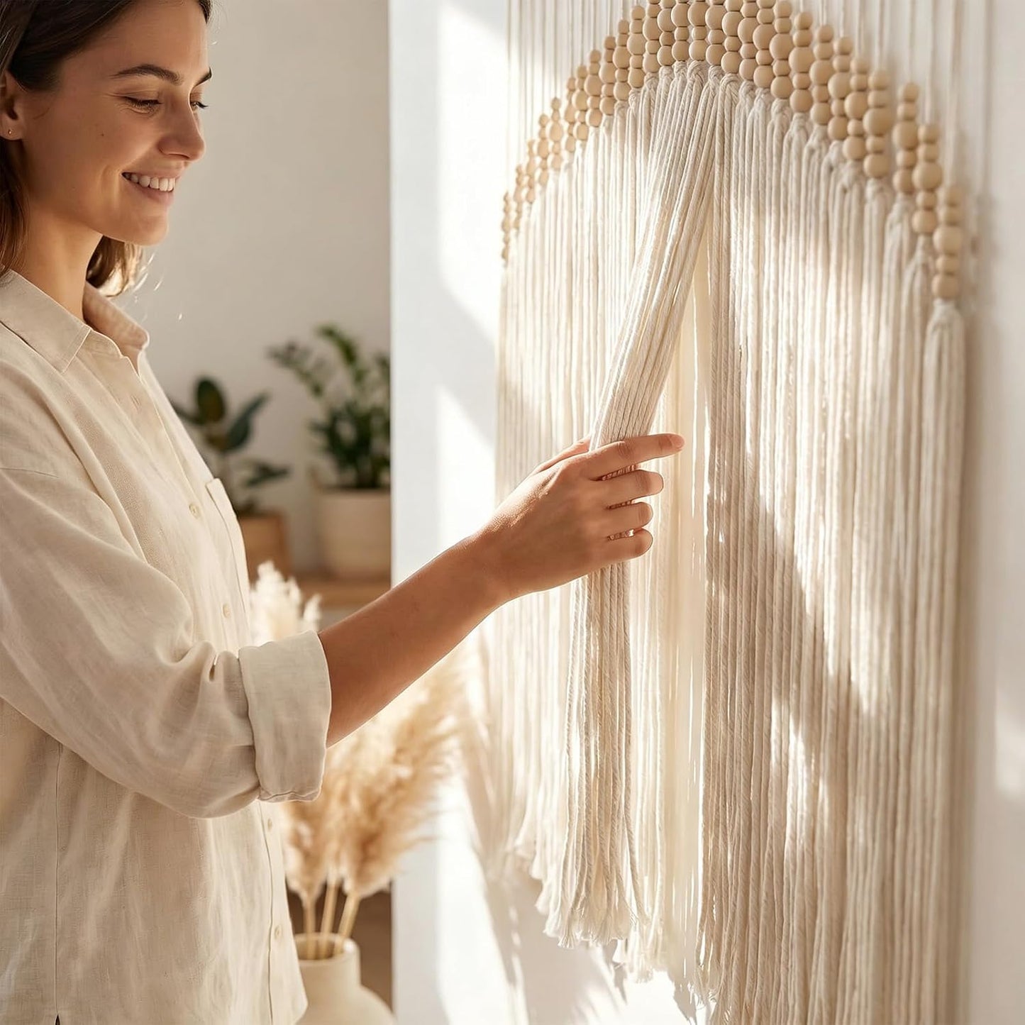 Wooden Beads Cotton Rope Bohemian / Beige